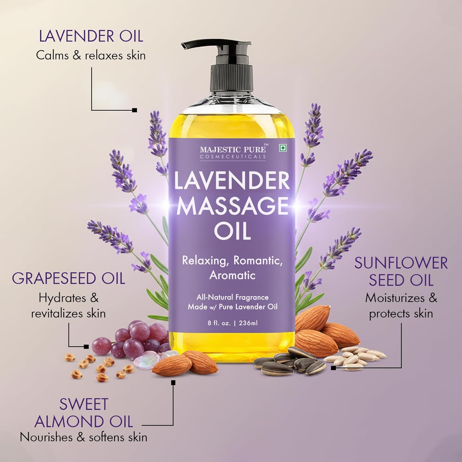 MAJESTIC PURE Lavender Massage Oil for Massage Therapy - Refreshing, and Relaxing - Natural Oils with Lavender Essential Oil - for All Skin Types - Men and Women Massage Lotion - 8 fl oz