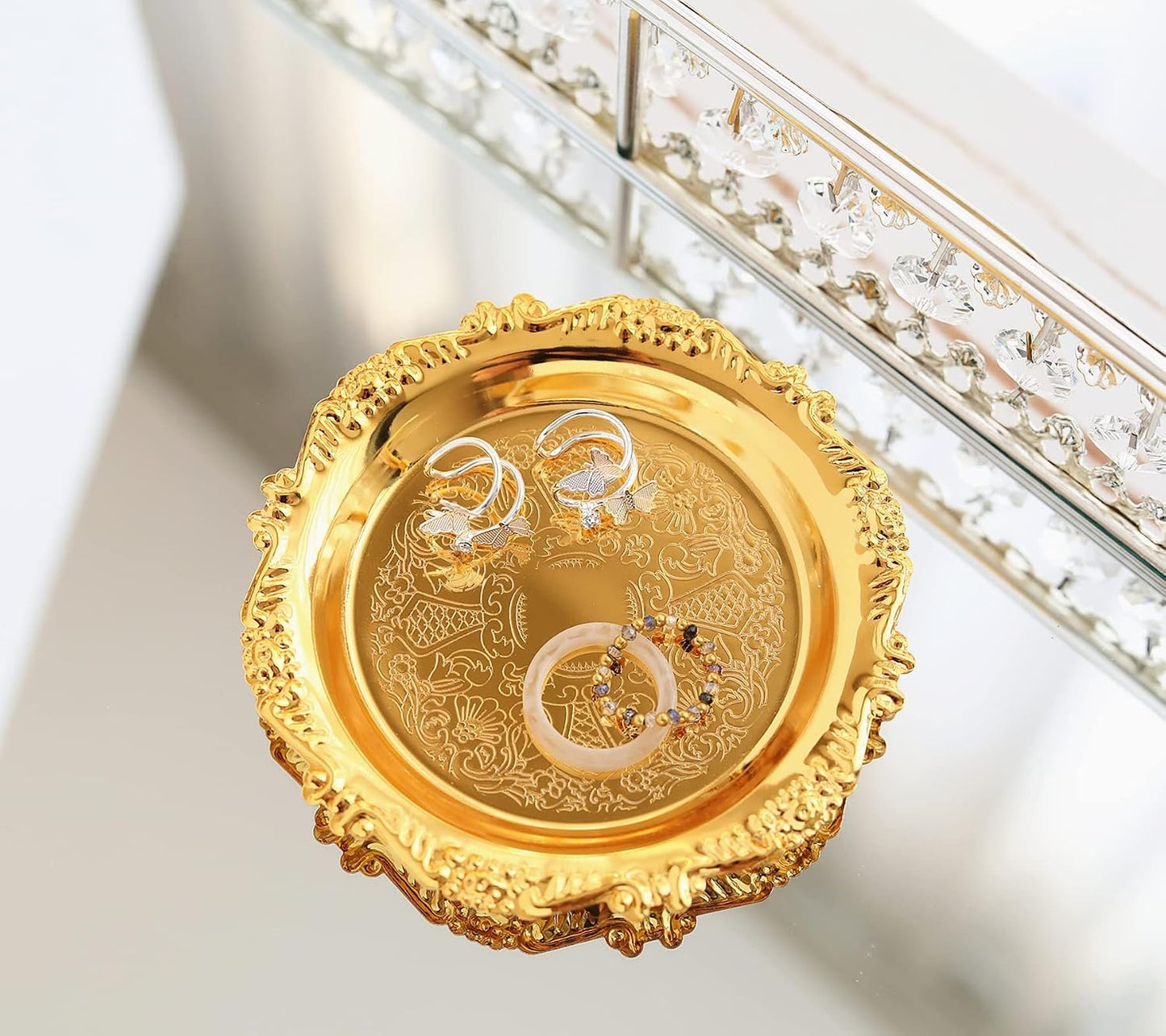 Round Storage Tray Necklace Tray Jewelry Holder Organizer Dessert Plate Fruit DishRing Dish Organizer Holder Home Decor Wedding Gift for Perfume Candle Holiday Party (Golden, Mini)