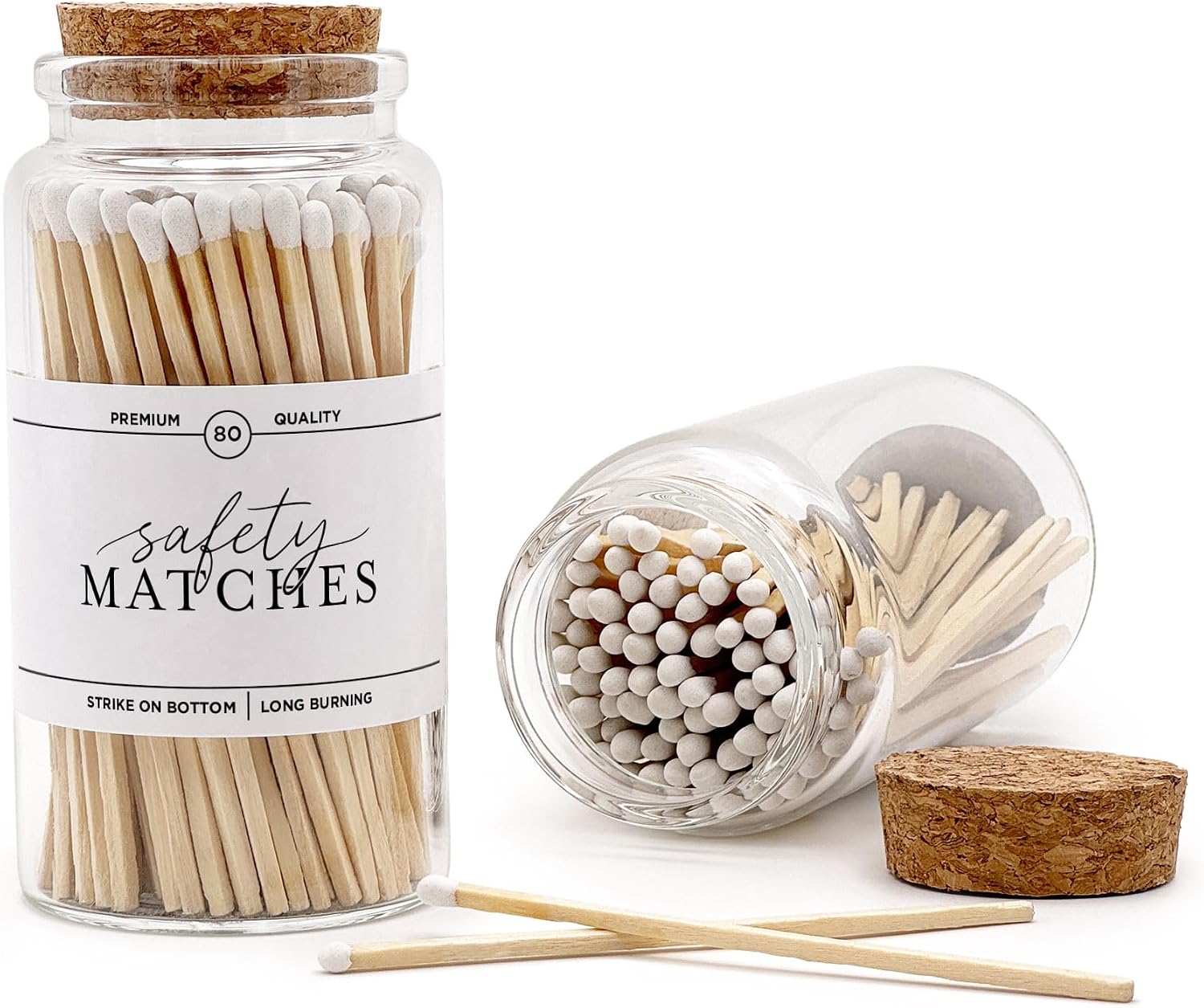Wooden Matches in a Jar with Striker | Decorative Matches for Candles | Long Matches for Candles in Apothecary Glass Jar | Approx. 80 Safety Matches for Home Decor & Bathroom