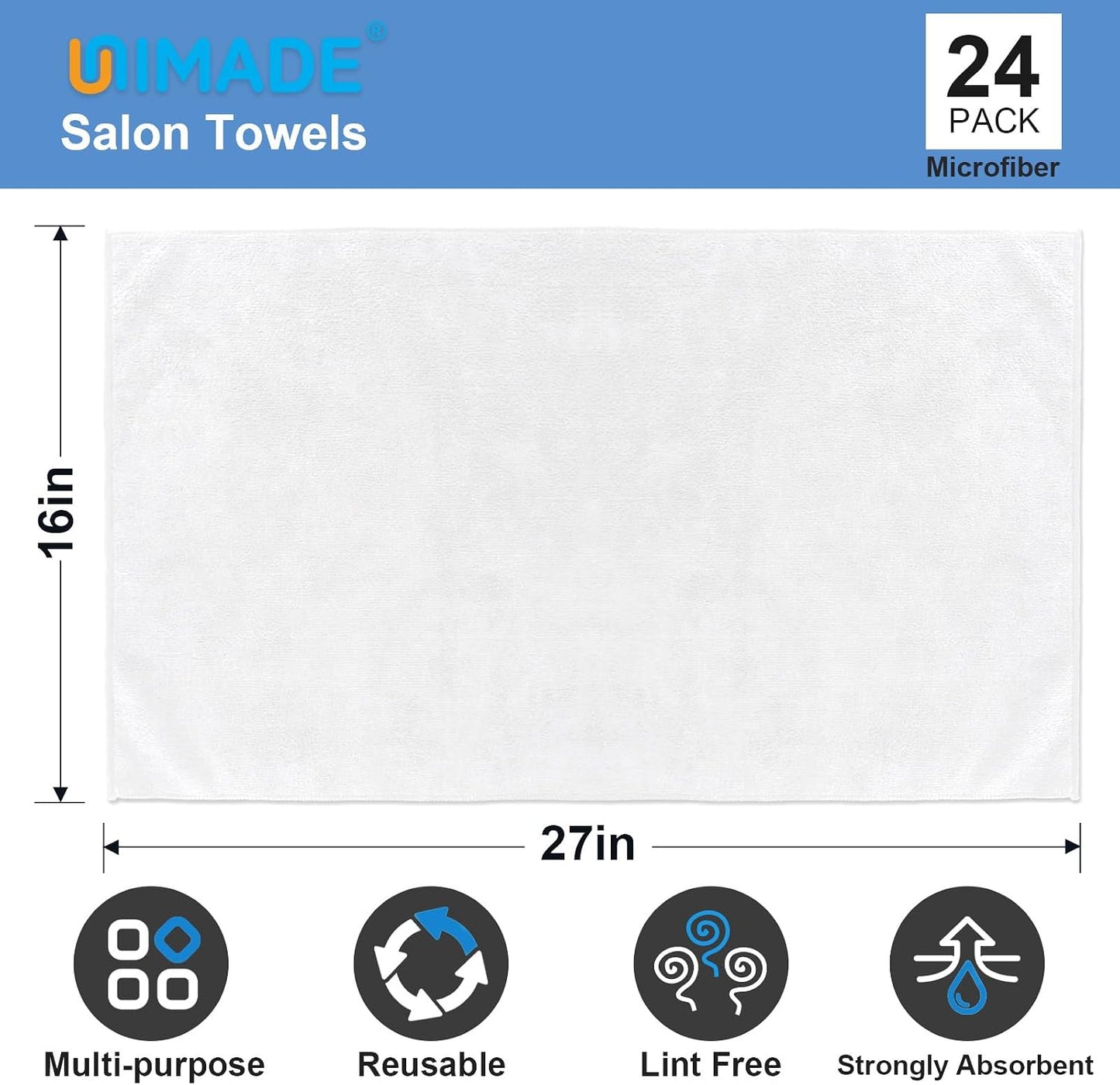 UNIMADE 24 Pack Hand Towels Set - Highly Absorbent and Quick Drying Microfiber Gym Towels, Premium Wash Cloths for Bathroom, Salon, Gym, Shower, Hotel, and Spa - 16x27 inch (White)