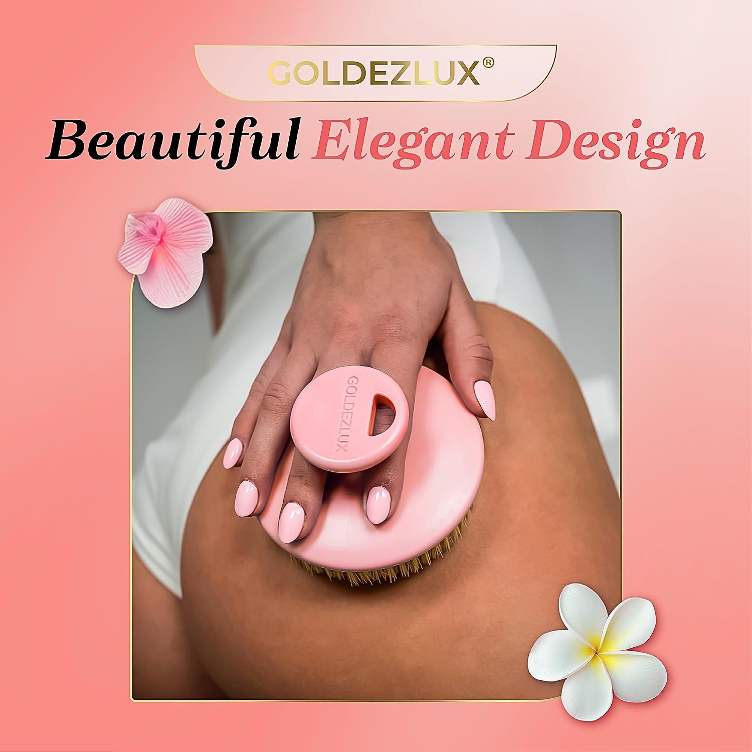GOLDEZLUX® Dry Body Brush Cruelty-Free Firm Bristles Exfoliate Promote Smooth Skin, Dry Brushing Stimulate Blood Flow, Lymphatic Drainage, Prevent Ingrown Hair - Large Size & Comfortable Grip (Pink)