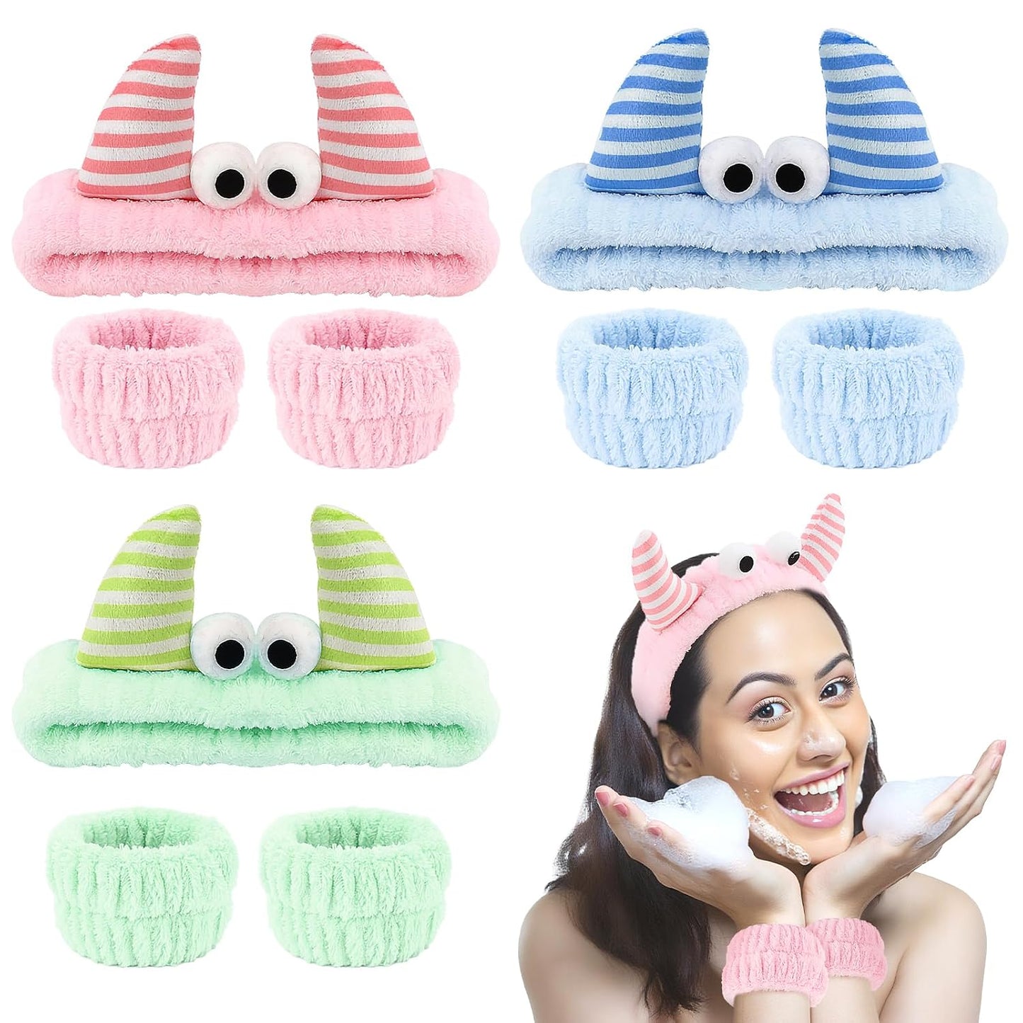 CAVETEE Monster Headband, Cute Soft Coral Fleece Spa Headbands for Washing Face Skincare Makeup Hair Accessories for Women