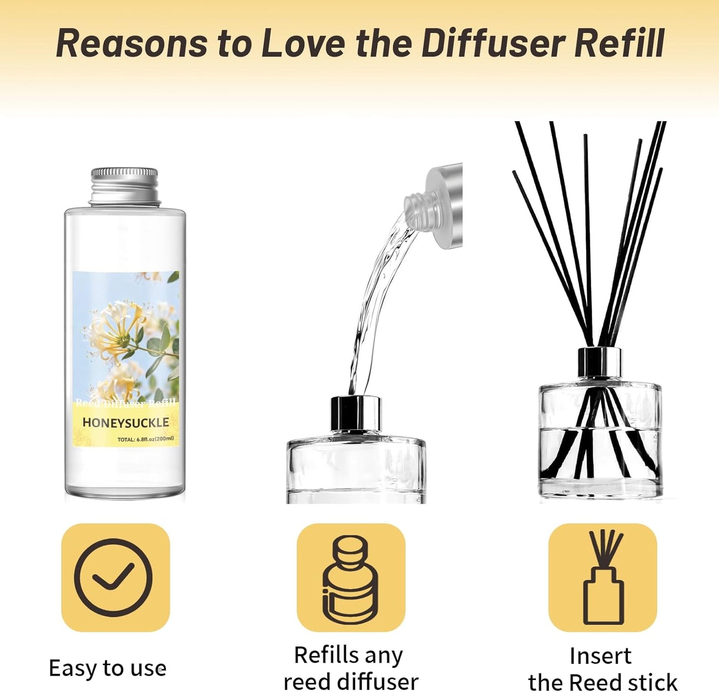 STRN Reed Diffuser Oil Refill, Honeysuckle Scented Diffuser Oil Refills with 6 Reed Sticks 200ML(6.8fl.oz), Room Fresheners for Home, Long-Lasting Summer Fragrance for Living Room, Bedroom, Office