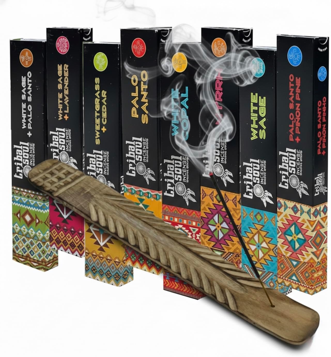Tribal Soul Premium Incense Smudge Sticks - Assorted Gift Set Includes 8 Fragrances (15g. Each) Wooden Incense Burner Included