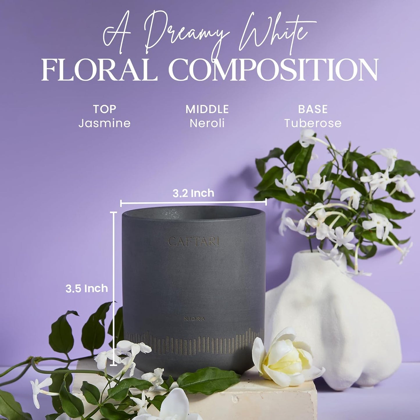 CAFTARI Nidra Scented Candle for Home | Jasmine, Tuberose & Neroli | Non Toxic Candle | Premium Soy Candle | 60-Hour Burn | Vegan Aromatherapy | Elegant Ceramic Jar | Luxury Gift | 10.5