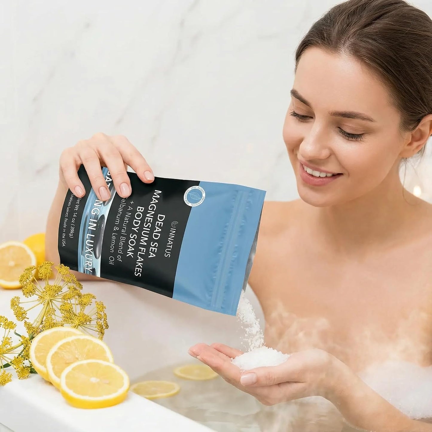 Pure Dead Sea Magnesium Flakes Clarity Soak – Relaxing & Replenishing 14oz Bath Soak – Infused with Natural Oils for Muscle Recovery (Lemon)