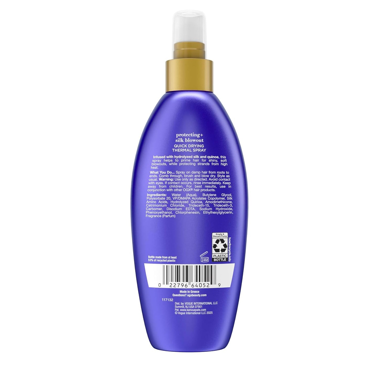 OGX Protecting + Silk Blowout Quick Drying Thermal Protection Spray, Heat Protectant Spray Shields Hair up to 450°F For Soft, Shiny Hair and Big, Beautiful Blowouts, Light Hold, 6 fl. oz