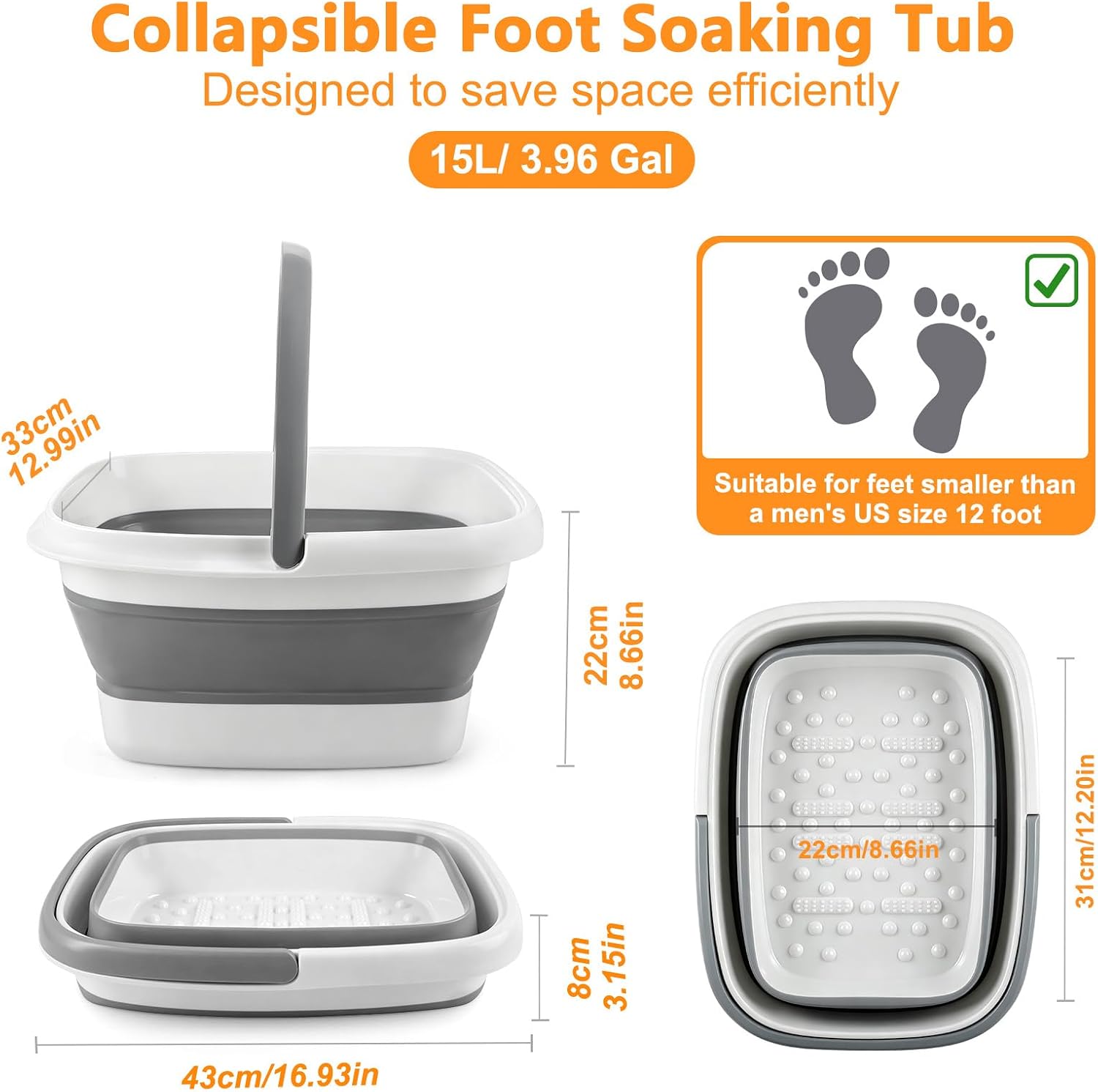 Collapsible Foot Bath Soak Tub with Massage Acupoints, 15L Foot Soaking Tub Feet Massager for Spa Health Care Pedicure, Plastic Wash Basin Foot Bucket with Handle for Trip Camping, Gifts for Women Men