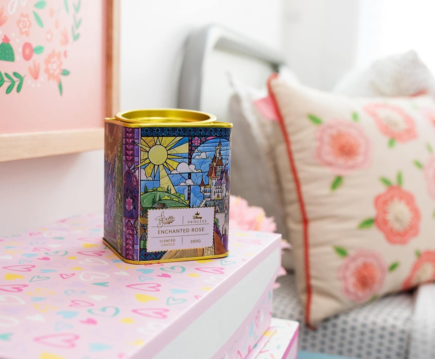 Disney Princess Home Collection Belle 11-Ounce Scented Tea Tin Candle with Enchanted Rose Fragrance | 28-Hour Burn Time | Home Decor Housewarming Essentials, Cute Gifts and Collectibles
