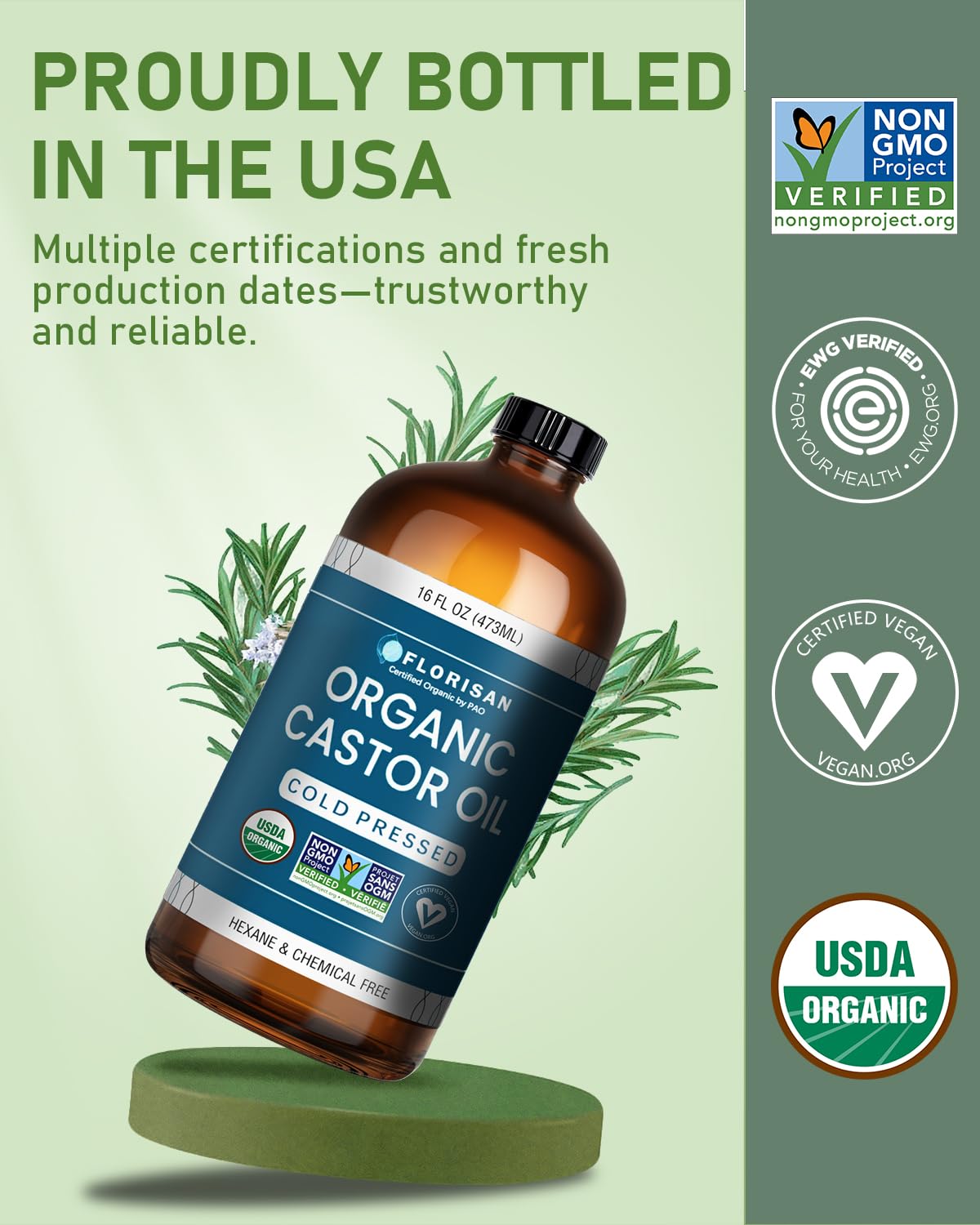 Florisan USDA Certified Organic Castor Oil 16oz Glass Bottle, Cold Pressed, Hexane-Free, Non-GMO, Vegan, 100% Pure Castor Oil for Hair Growth, Skin, Lashes, Eyebrows, EWG Verified