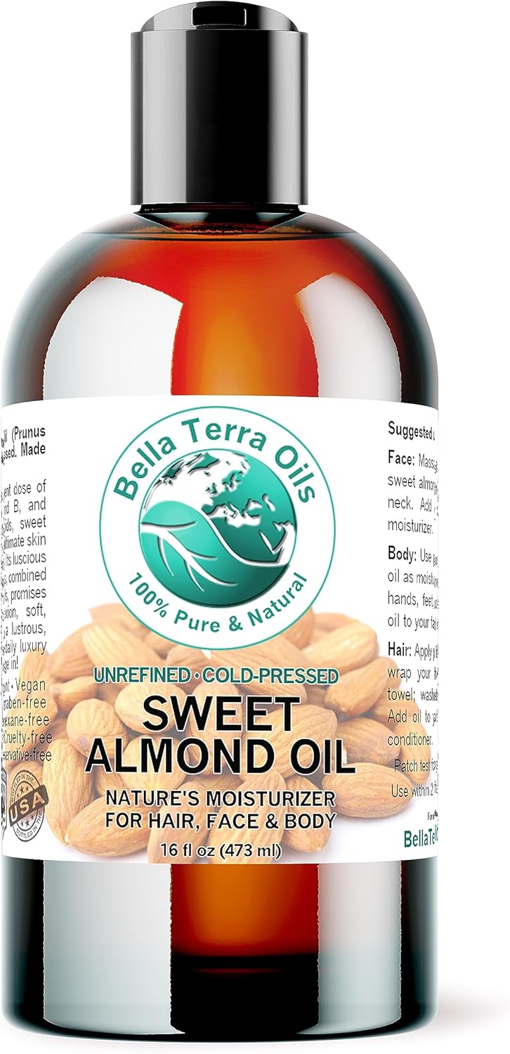 Bella Terra Oils - Organic Sweet Almond Oil 16 oz - Harnessing Almond’s Rich Vitamin A & B Profile, Cold-Pressed, Ideal for Radiant Skin
