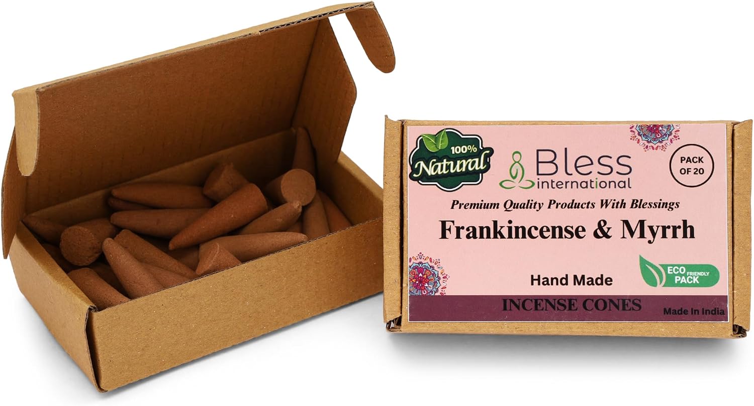 Bless International Frankincense-and-Myrrh 100%-Natural-Incense-Cones Handmade-Hand-Dipped Organic-Chemicals-Free for-Purification-Relaxation-Positivity-Yoga-Meditation The-Best-scents (20 Count)