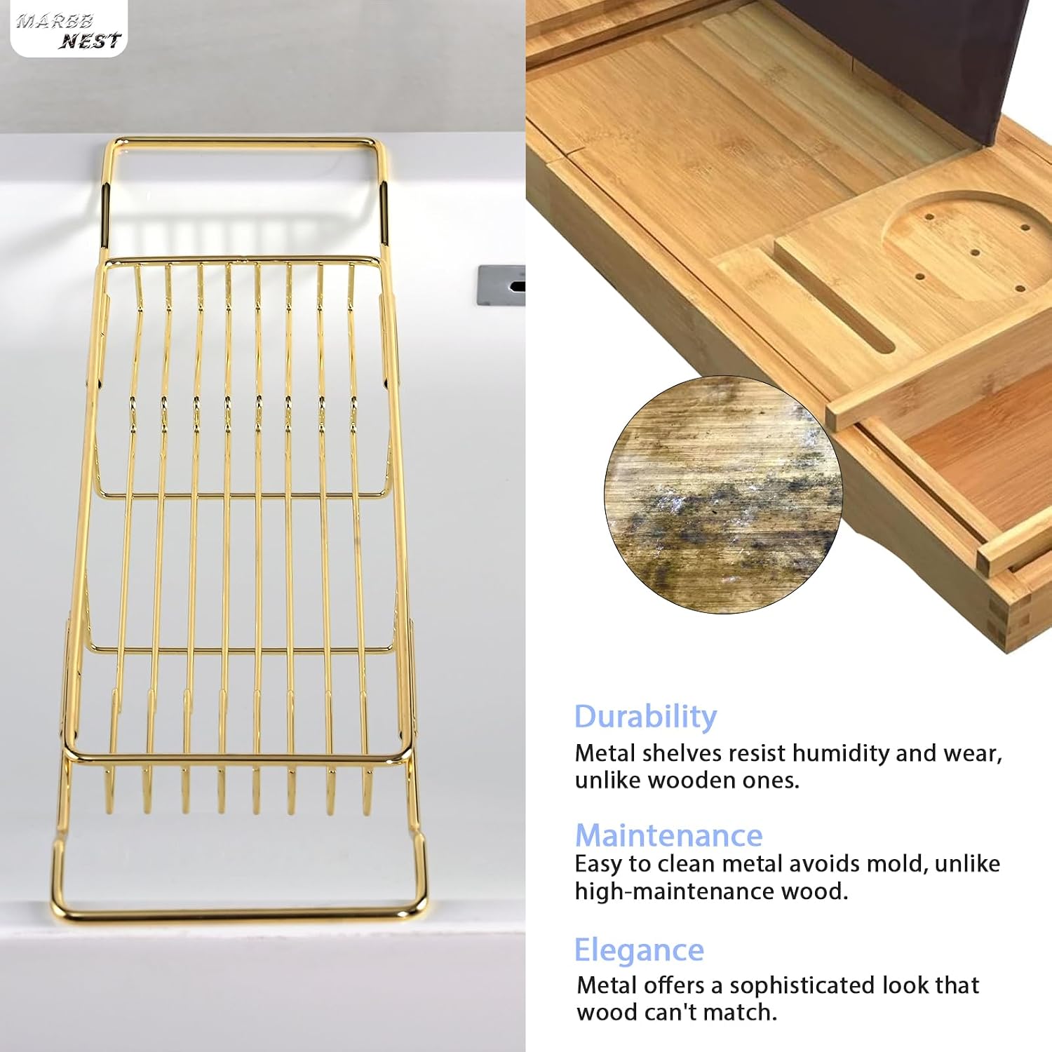 Bathtub Tray Caddy for Luxury Bath Expandable Extra Wide Bath Tub Tray with Natural Marble Tray and Mobile/Tablet Stand, Ideal for Home Spa Lovers (Gold + Black)