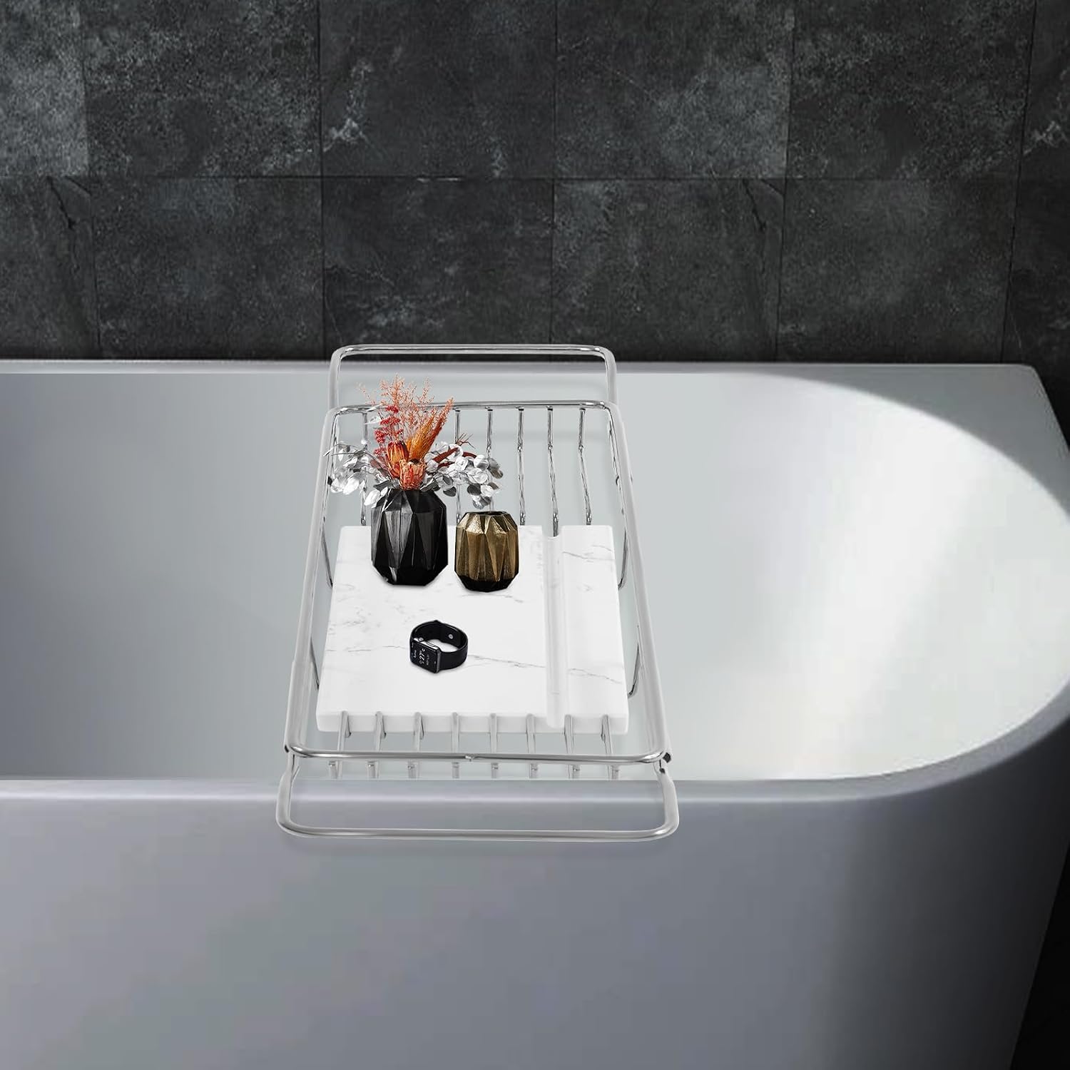 Stainless Steel Bathtub Tray for Large Soaking Tub, Metal Expandable | Wide Bath Caddy Tray for Bathtub with Natural Marble Groove for Bath Spa, Silver Frame, Adjustable range (26.77 - 35.43in)