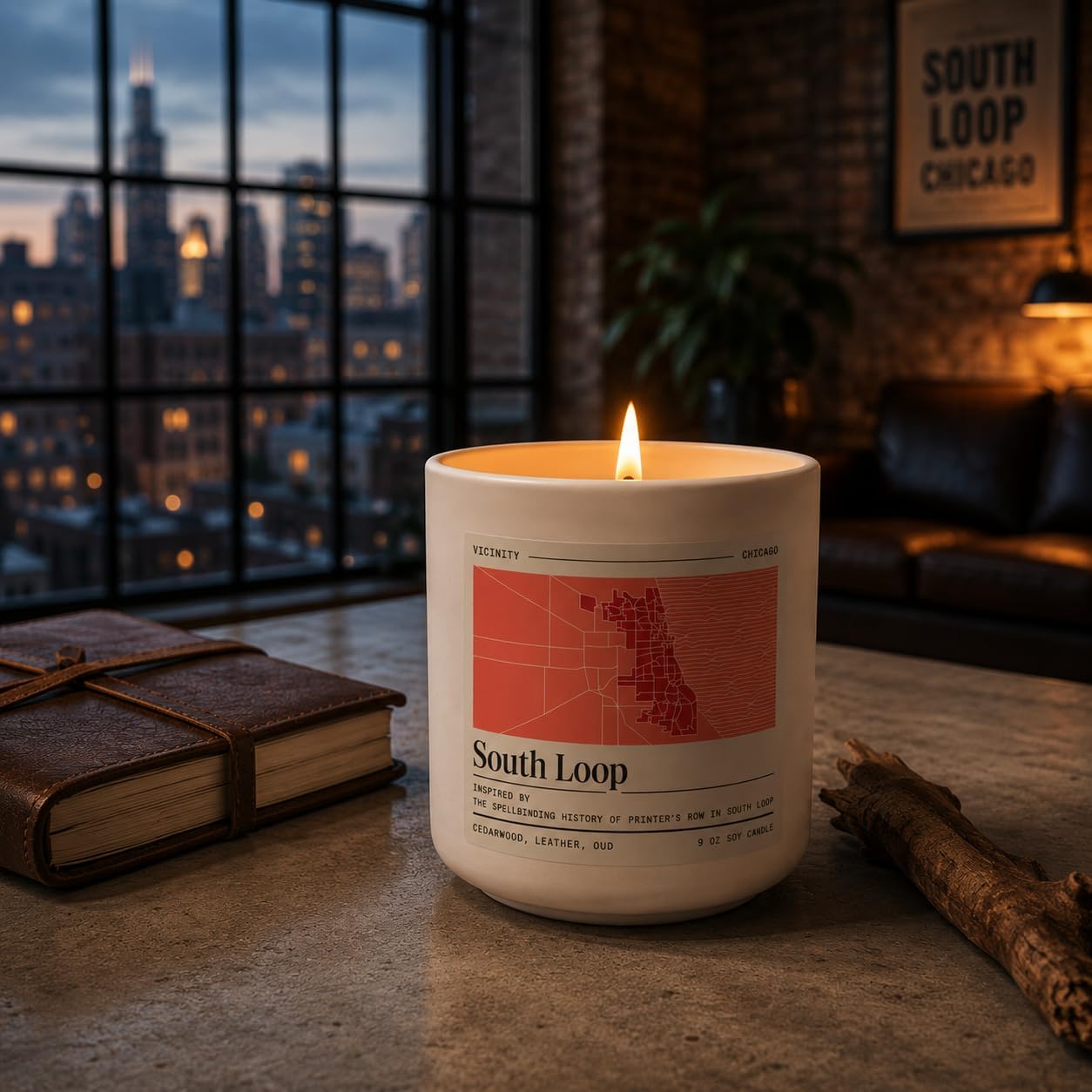 Vicinity South Loop, Hand-Poured Soy Candle | Cedarwood, Leather & Oud | 9 oz, 45-50 Hour Burn | Gift Ready | Woman-Owned