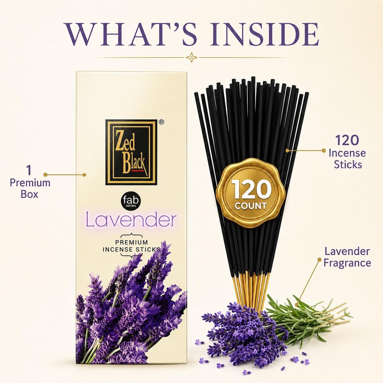 Lavender Incense Sticks 120 Count | Natural Hand-Rolled Aromatherapy Incense for Relaxation, Stress Relief, Meditation, Yoga & Prayer | Long-Lasting Soothing Aroma | Zed Black