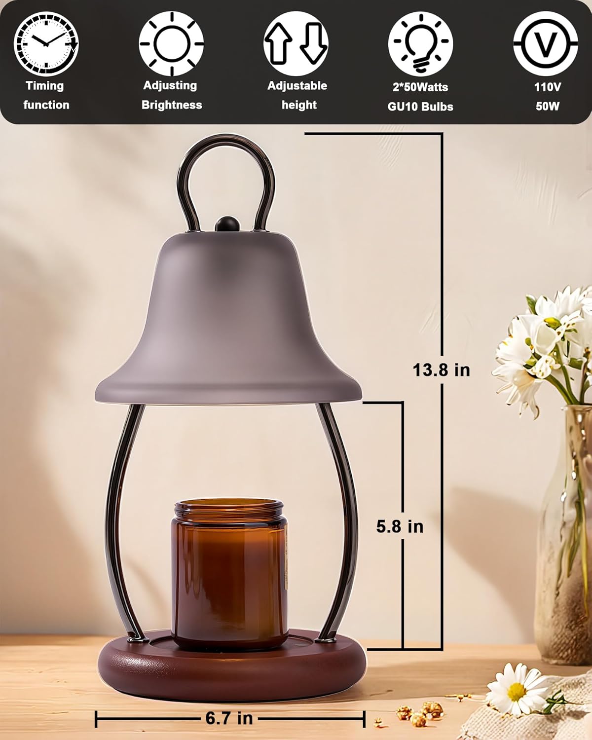 Candle Warmer Lamp with Timer - Adjustable Brightness & Glass Shade - Wooden Base with 2 Bulbs Included (Black)