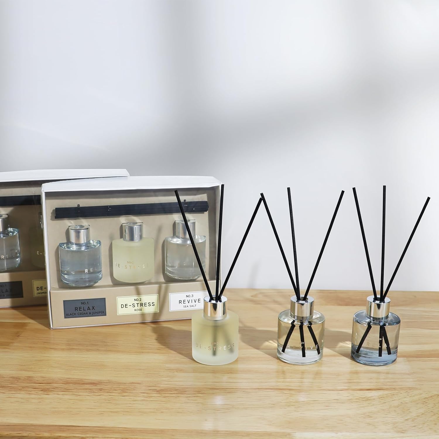 3 Pack Fragrance Reed Diffuser, 50ML Lavender Jasmine Freesia Aromatherapy Diffuser Set with 12 Black Fiber Sticks,Air Freshener for Bedroom Bathroom Office, 8.2X 6.6X 2.1 inch