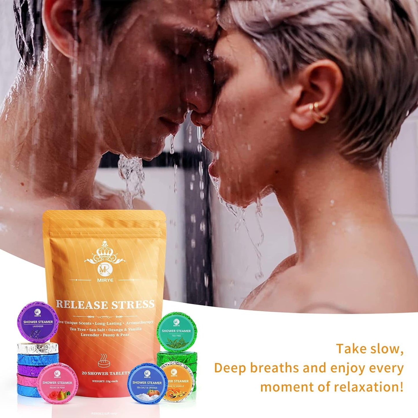 MR MIRYE Shower Steamers Aromatherapy, Valentine's Day Gifts for Women and Men, 20-Pack Organic Shower Bombs with Essential Oil, Tea Tree, Orange & Vanilla, Sea Salt, Lavender, Peony & Pear