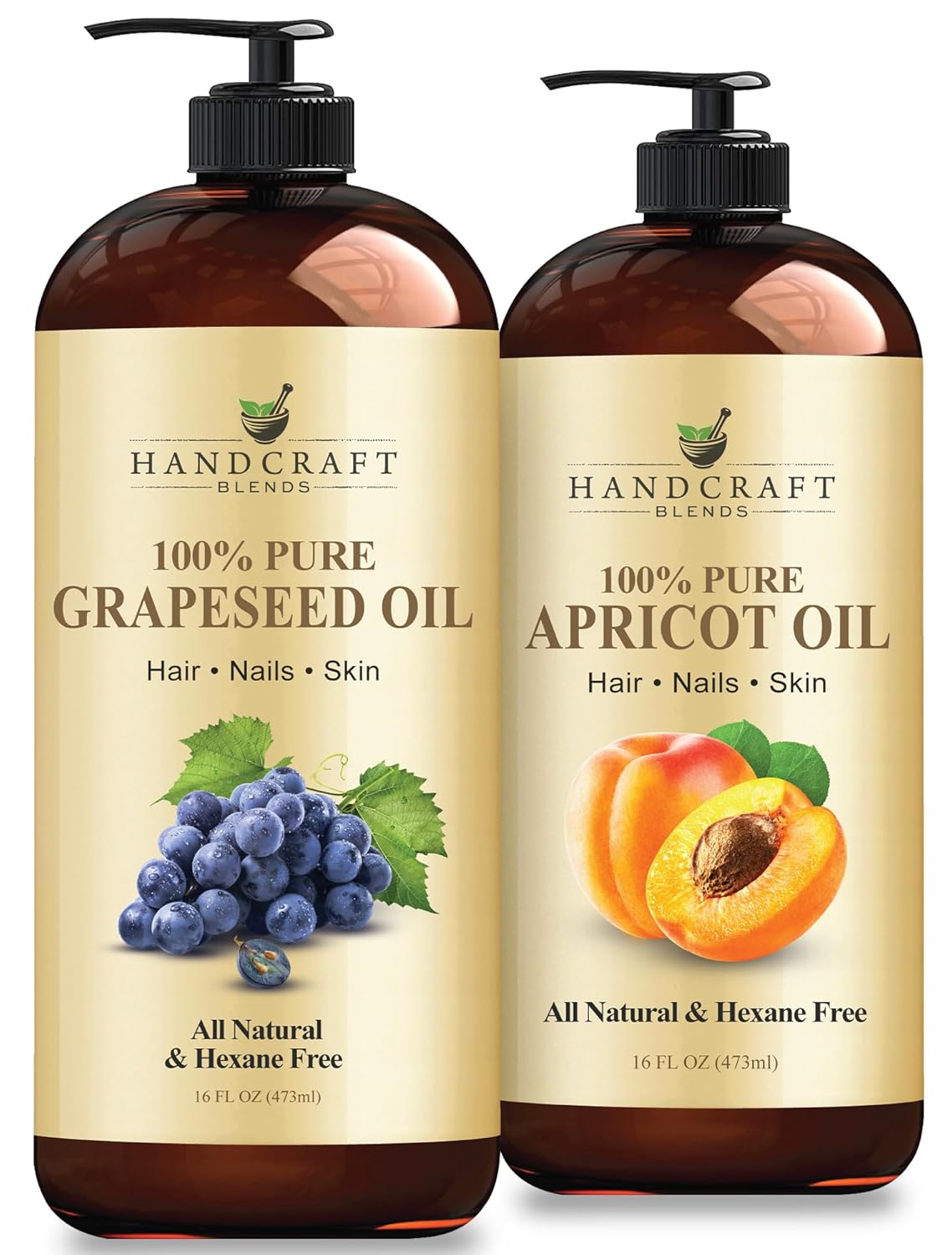 Handcraft Blends Lightweight Massage Set: Apricot Kernel Oil and Grapeseed Oil – (2 x 16 Fl Oz) – 100% Pure & Natural – Non-Greasy Carrier Oils for Oily or Sensitive Skin