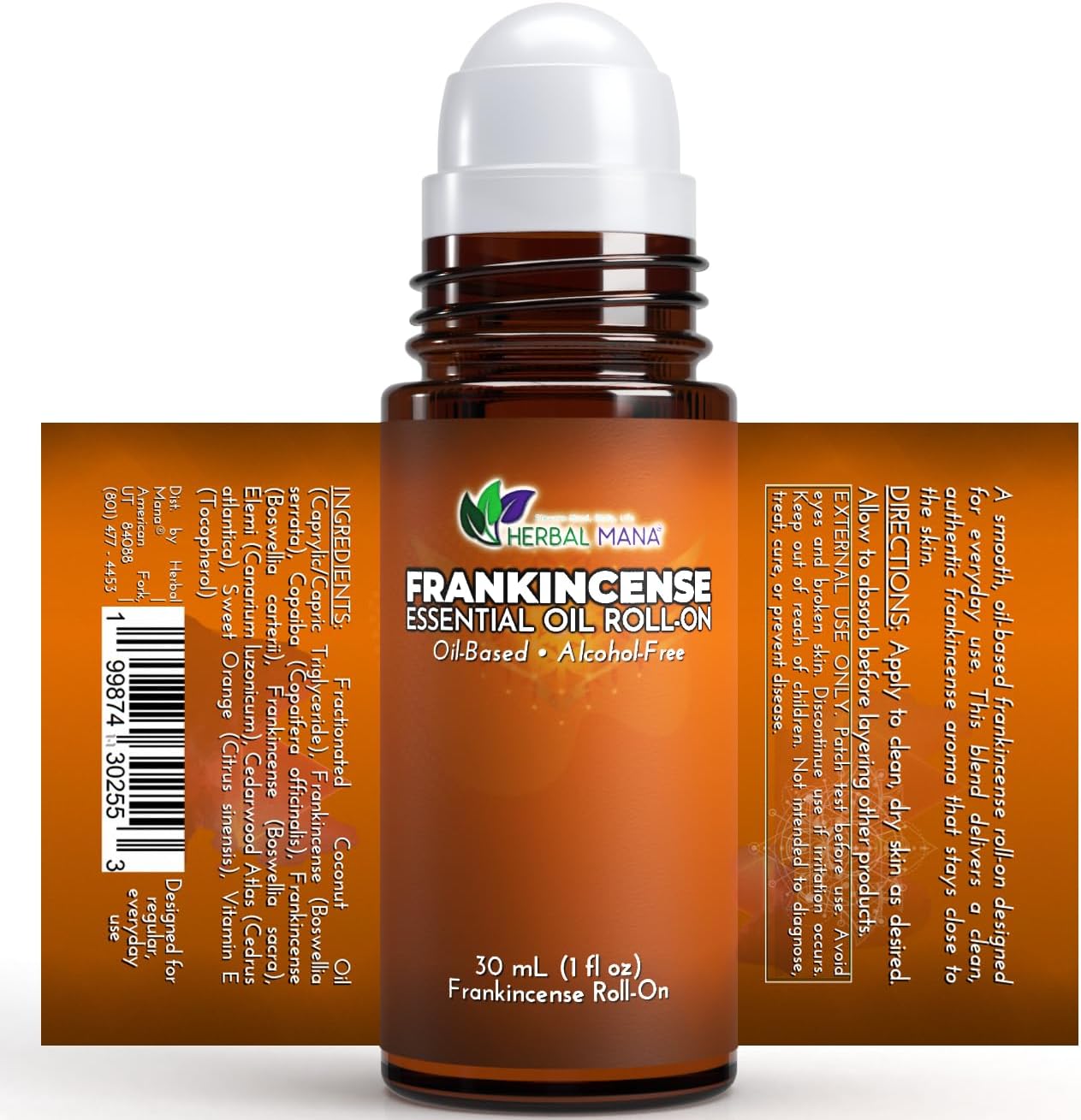 Frankincense Essential Oil Roll-On, 30mL (1 fl oz) – Pre-Diluted in Fractionated Coconut Oil (FCO) – Oil-Based, Alcohol-Free Aromatherapy Roller
