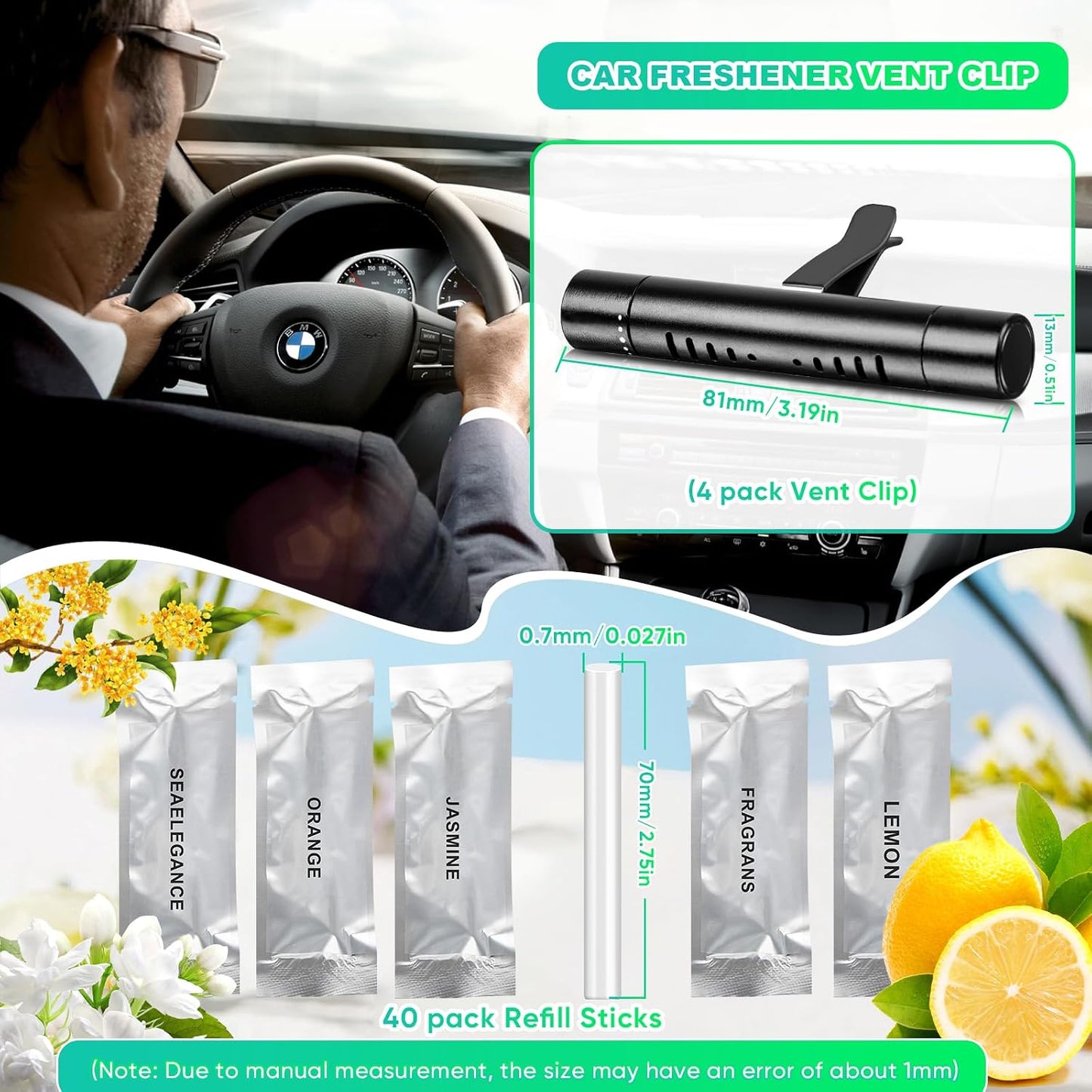 4 Pack Car Air Fresheners Vent Clips Diffuser Vent Clip for Cylindrical Essential Oil with 40 Refill Sticks Scents Diffuser for Kitchen Bathroom Pet Houses(Black)