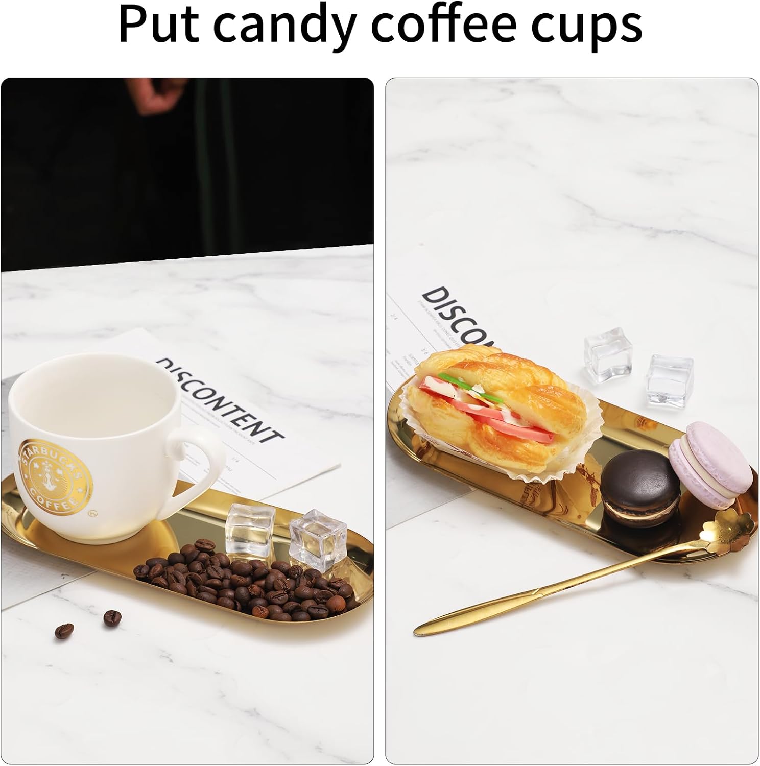 2Pack Gold Decorative Trays Bathroom Vanity Tray for Dresser Counter, Stainless Steel Jewelry Dish Cosmetics Organizer, Perfume Ring Key Candle Organizer Tray, Oval, Gold