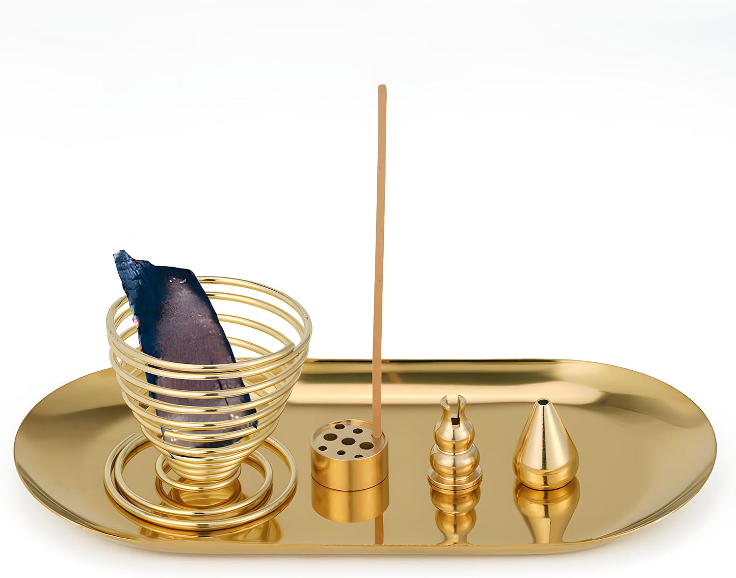 Palo Santo Holder and Sage Burner for Smudging, 5-in-1 Brass Incense Holder for Sticks Cones Coils, 6.9" Extended Ash Catcher Tray for Meditation Yoga, Gift for Spiritual Room Decor