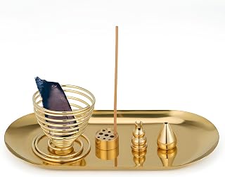 Palo Santo Holder and Sage Burner for Smudging, 5-in-1 Brass Incense Holder for Sticks Cones Coils, 6.9" Extended Ash Catcher Tray for Meditation Yoga, Gift for Spiritual Room Decor