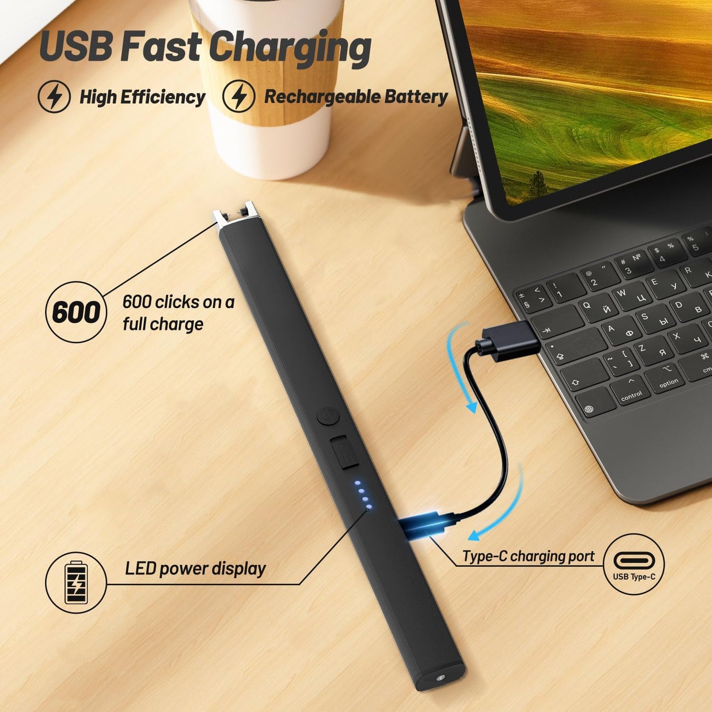 Electric Candle Lighter, Windproof, Safety Lock, USB Type-C, Rechargeable Lighter with Led Display, for Candle BBQ Camping Festivals (Black)
