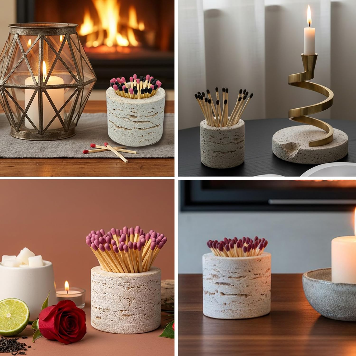 Matches in a Jar with Striker - Natural Travertine Match Holder with 2 Replacement Pads, Decorative Jar for Bathroom Candle Fireplace Parlor, Unique Organic Modern Home DecorGift(Matches Not Included)