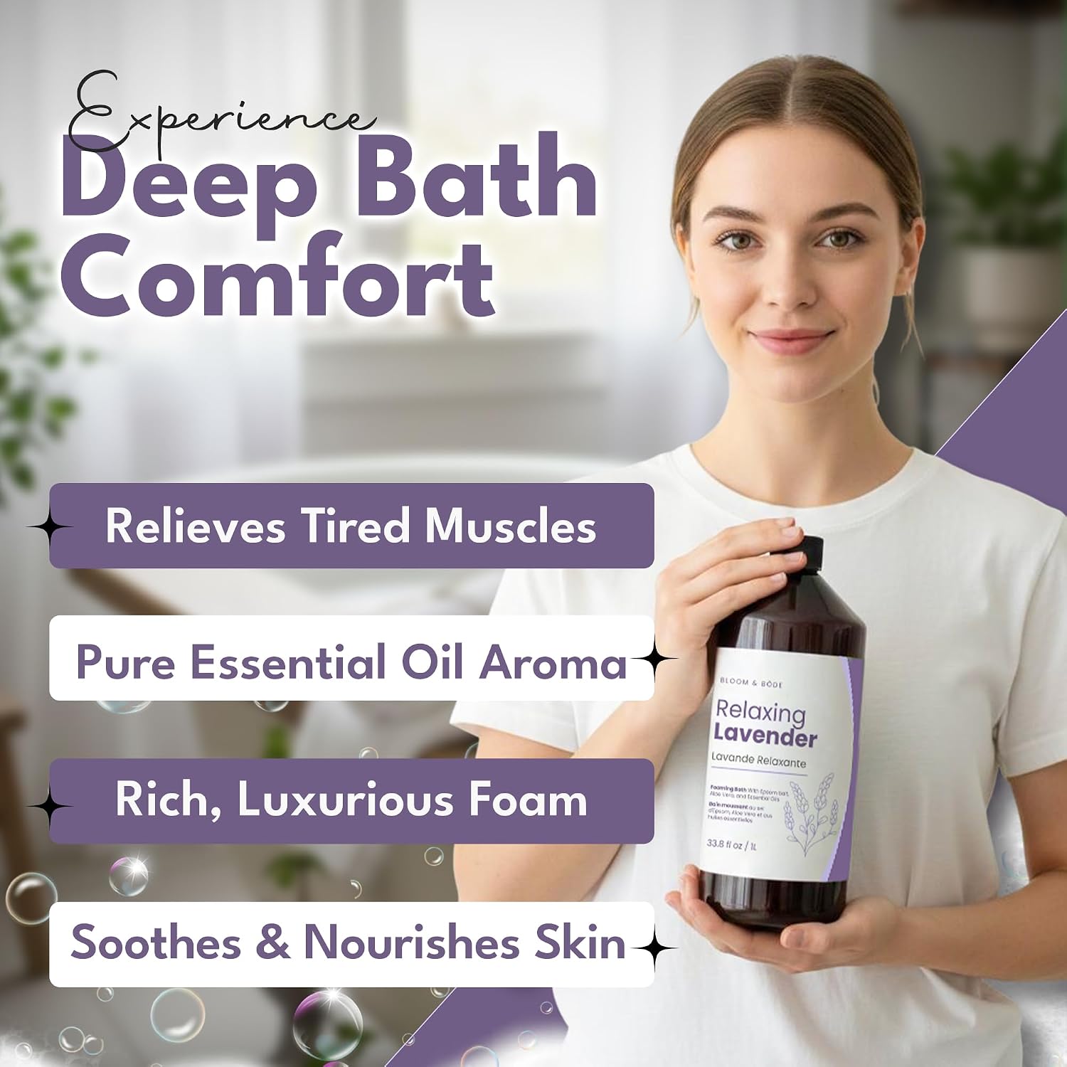 Luxury Foaming Bath - Natural Scented Bubble Bath with Essential Oils and Epsom Salt - Relaxing Lavender Scent, 33.8 fl oz / 1L