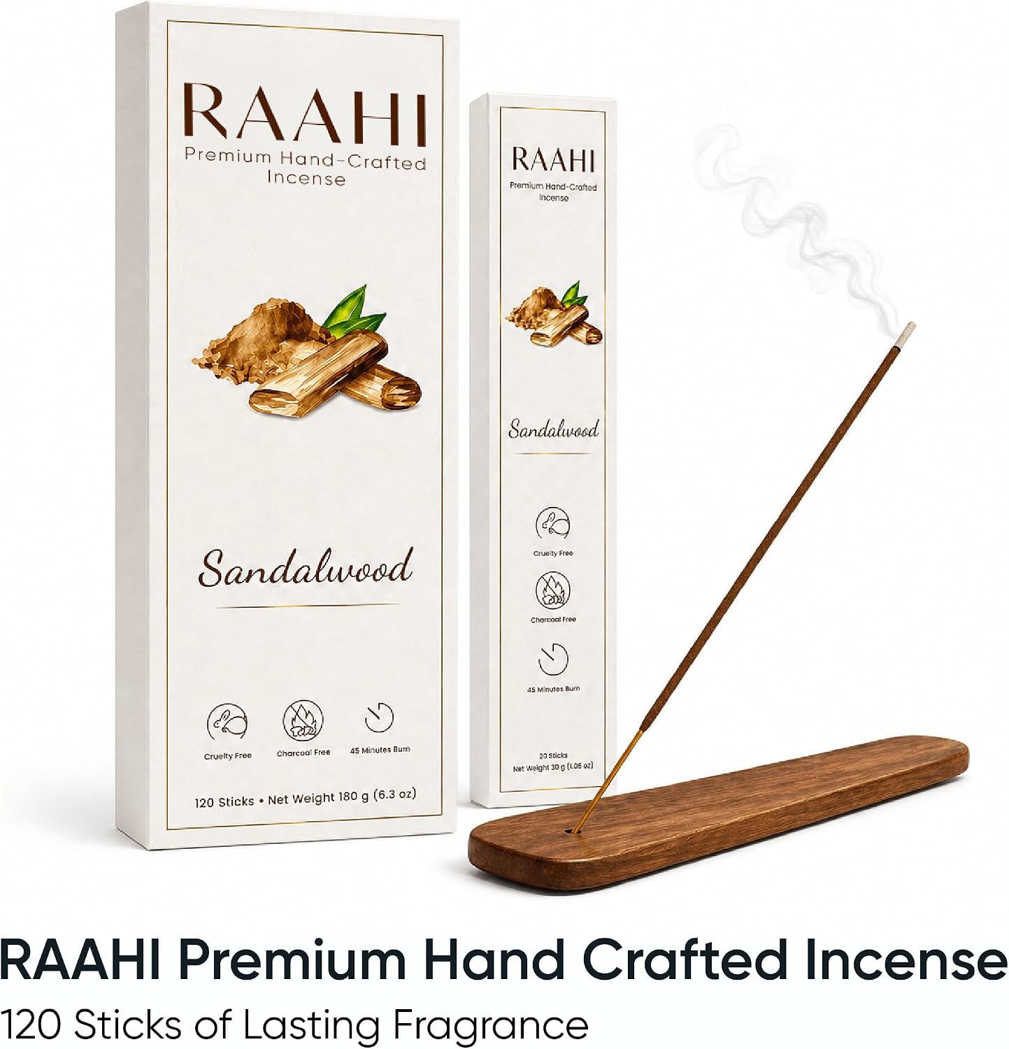 RAAHI Sandalwood Incense Sticks with Holder, 120 Count, Handcrafted Scented Incense for Home Fragrance, Meditation, Yoga and Room Ambiance