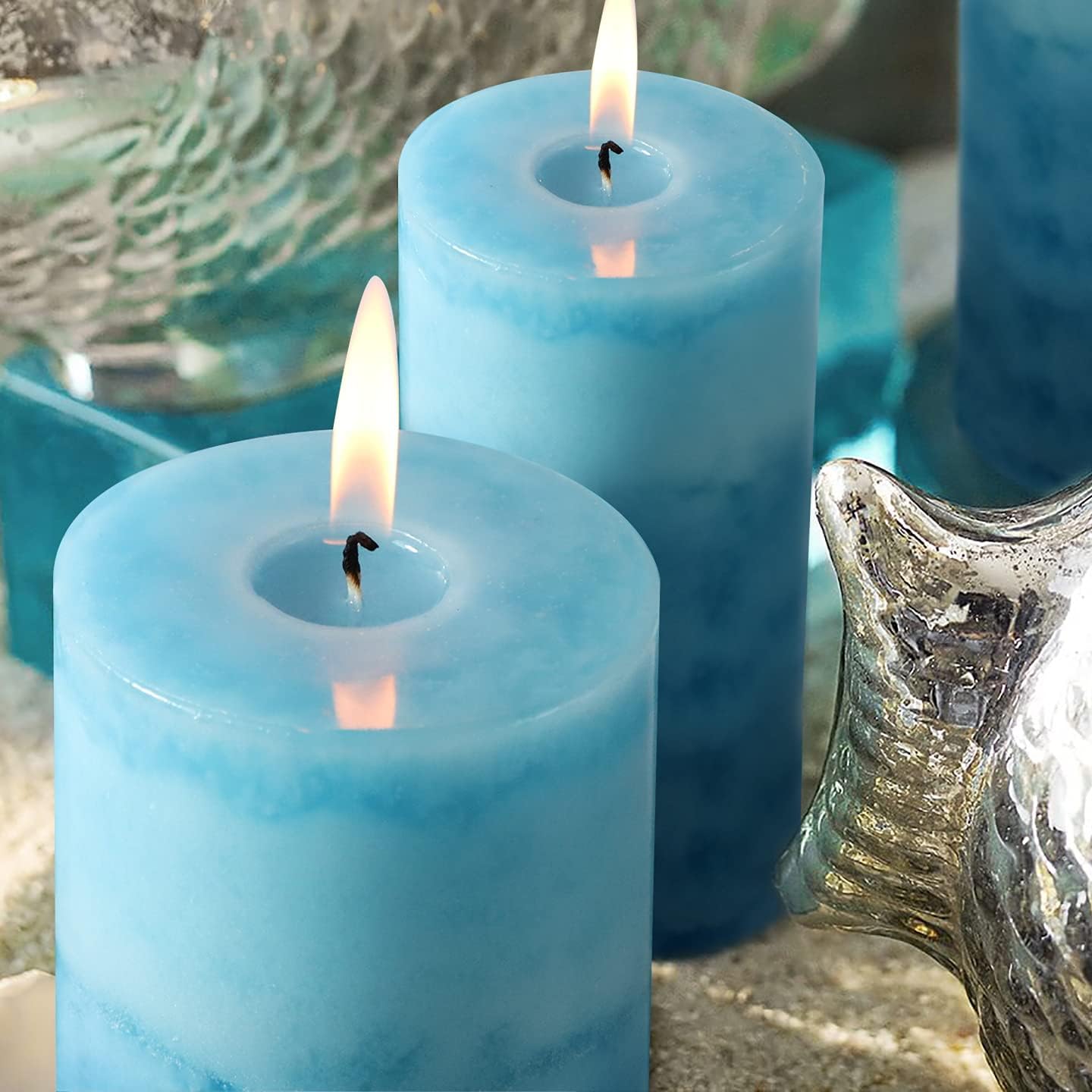 Blue Pillar Candles for Home Scented, Set of 3 Strong Ocean Fragrance Scented Candles, 50+ Hrs Long Burning Candles Set