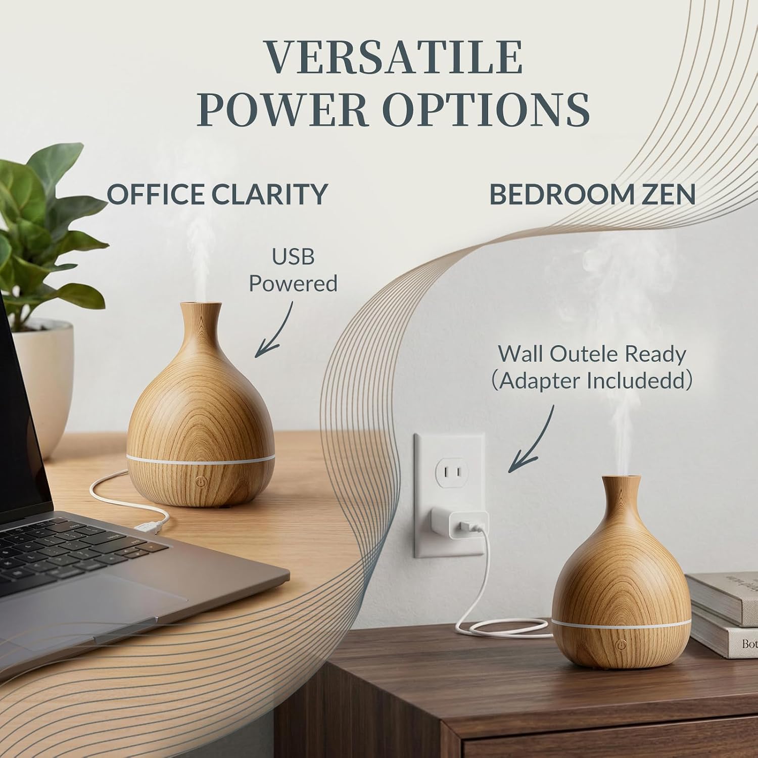 Essential Oil Diffuser with Adapter, 100ml Small Aromatherapy Scent Machine for Home & Office Desk, 7 Color LED Cool Mist Humidifier, Auto Shut-Off, Wood Grain