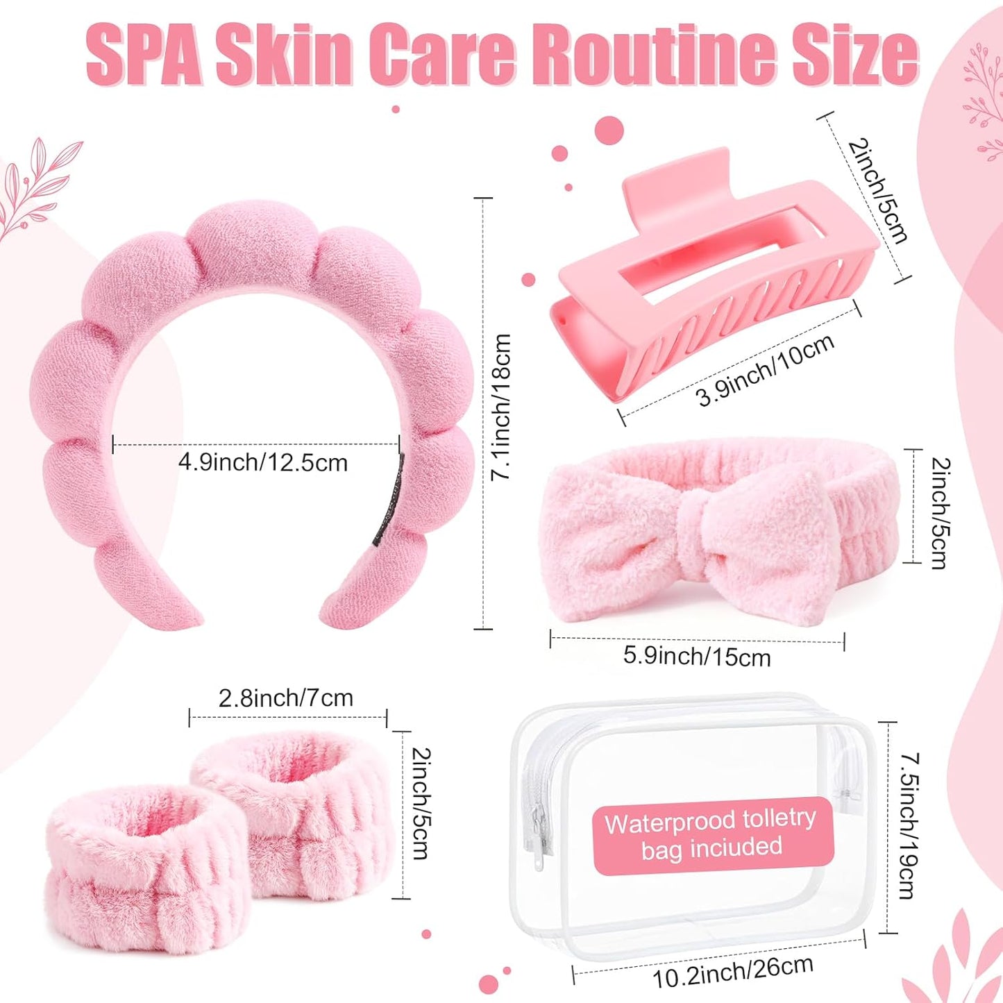 SPA Headbands and Wristband Set for Face Washing with Clear Bag Cute Skincare Makeup Headband Wrist Bands Hair Clips for Women Teenage Girls Gifts Trendy Stuff Pink
