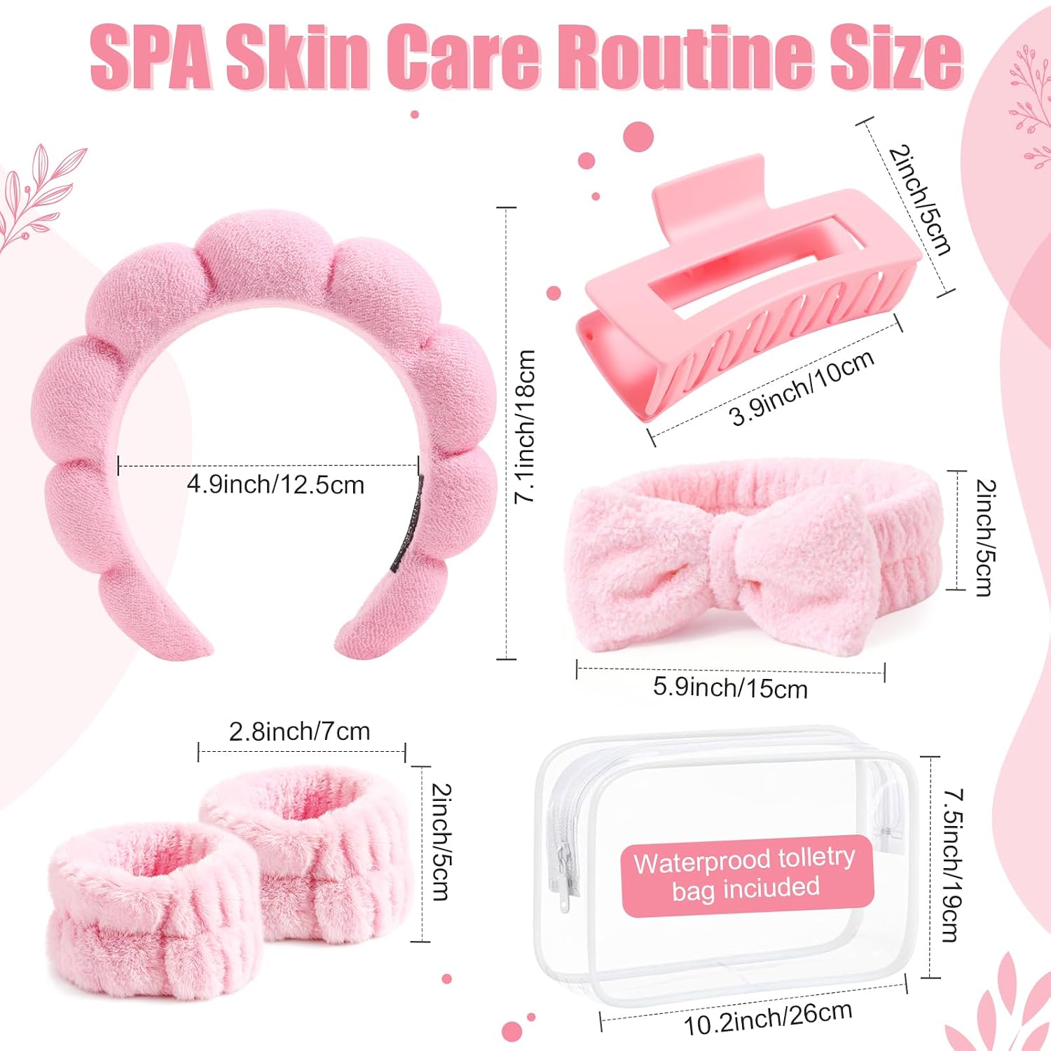 SPA Headbands and Wristband Set for Face Washing with Clear Bag Cute Skincare Makeup Headband Wrist Bands Hair Clips for Women Teenage Girls Gifts Trendy Stuff Pink