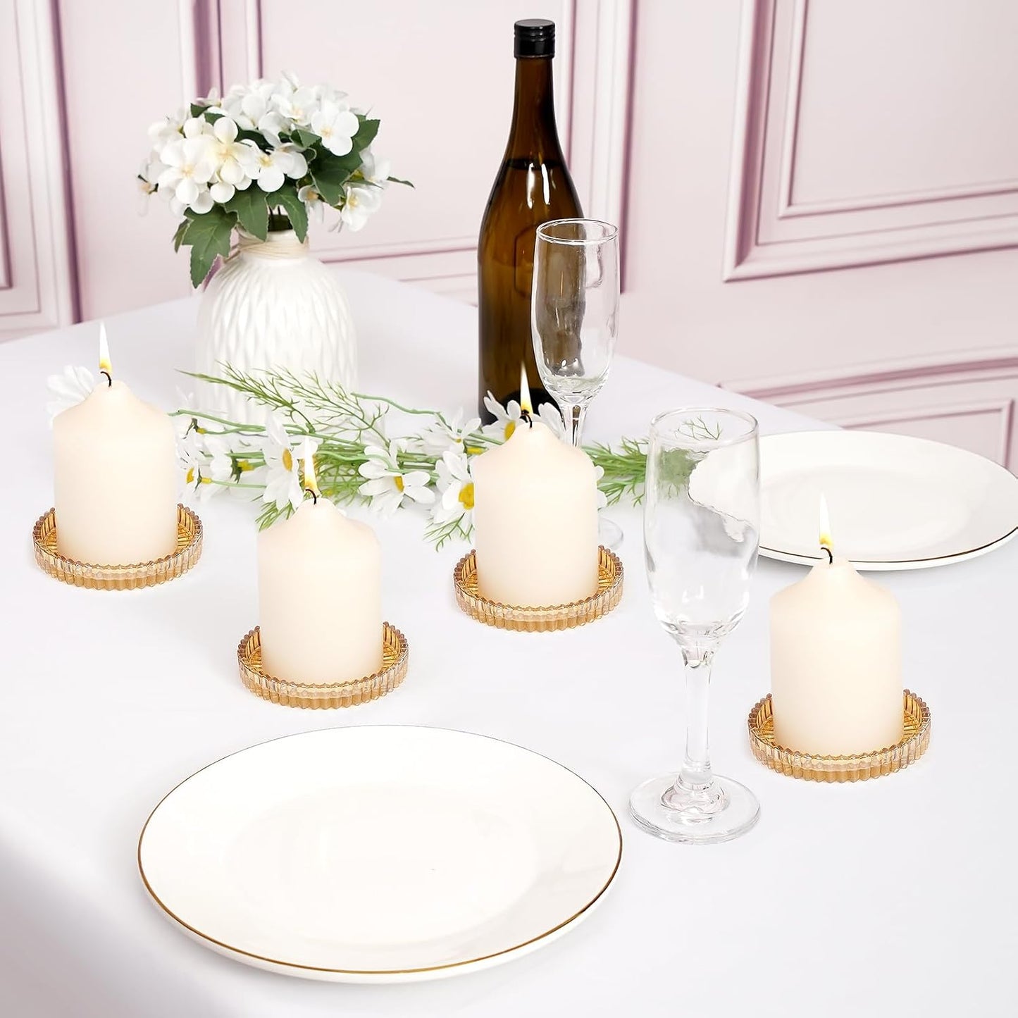 6 Pack 3.9 Inch Glass Pillar Candle Holder Plates, Round Gold Glass Plate Serrated Candle Stand, Candle Tray Plates for Wedding, Party, Dinning, Table Centerpiece and Home Decor