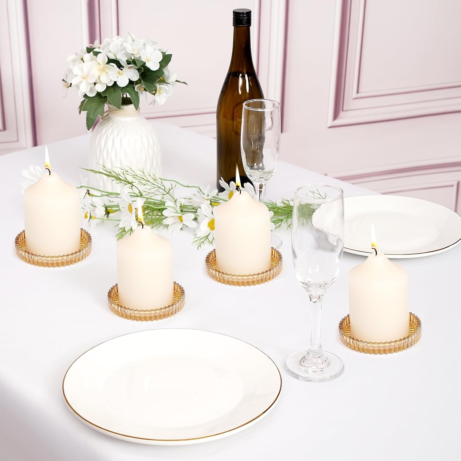 6 Pack 3.9 Inch Glass Pillar Candle Holder Plates, Round Gold Glass Plate Serrated Candle Stand, Candle Tray Plates for Wedding, Party, Dinning, Table Centerpiece and Home Decor