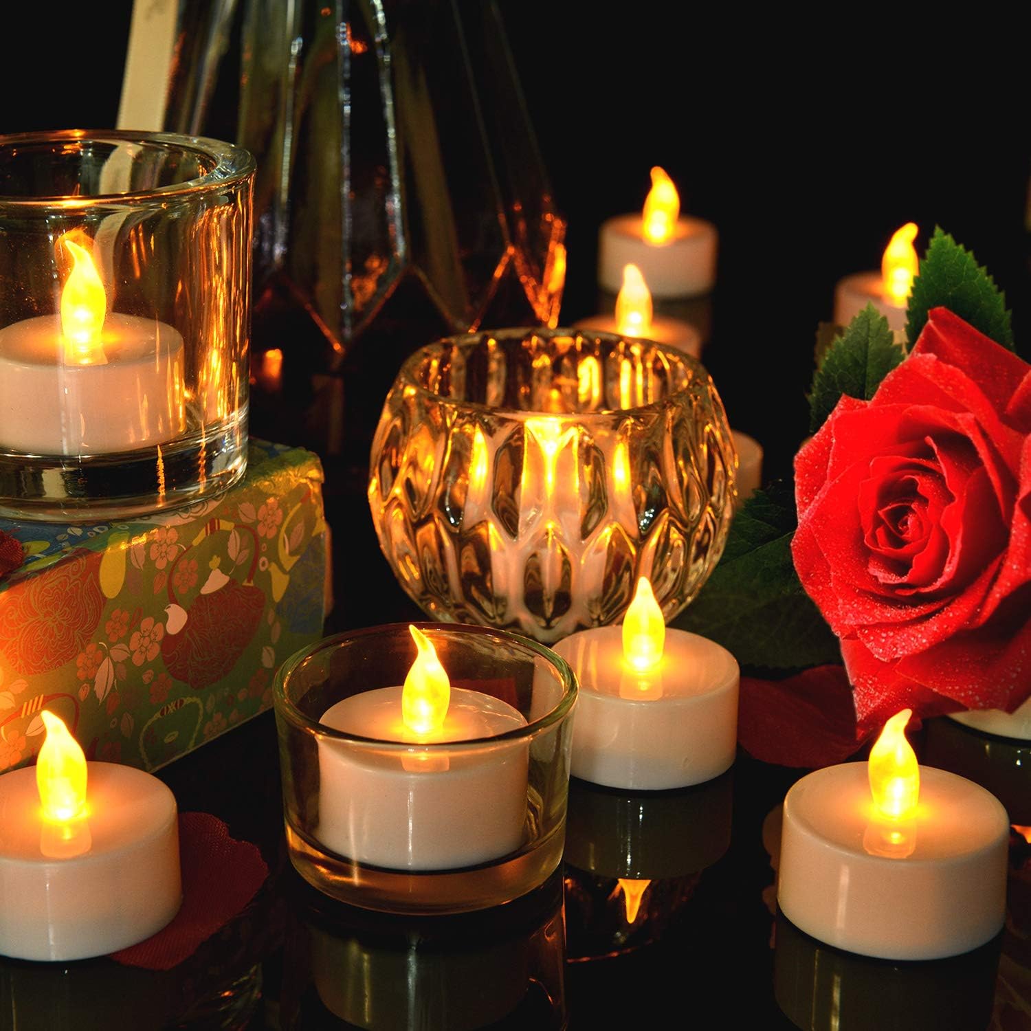 Lasts 2X Longer Flameless Tealight Candles [50 Pack, Batteries Included], Realistic Tea Lights Candles, Flickering Bright Tealights, Battery Operated Unscented Candles