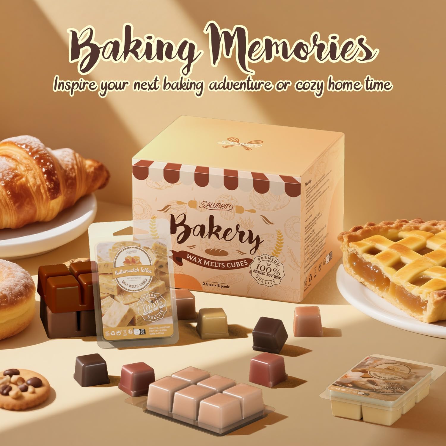 Bakery Scented Wax Melts, Sweet, Strong Scented Soy Wax Cubes/Tarts Variety Set - Apple Pie, Pumpkin Pie, Caramel Cinnamon, Chocolate Cookie, Donut, Vanilla Almond Biscuit, Roasted Coconut, Toffee