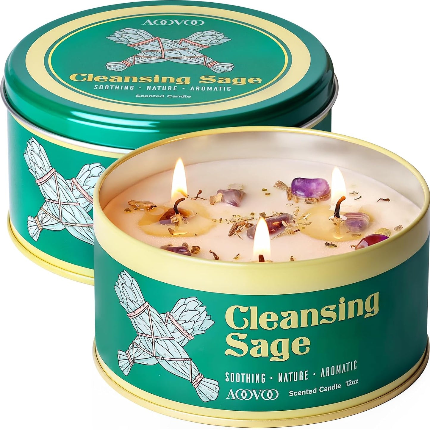 AOOVOO 2 Pack Sage Candle for Cleansing - 3 Wick 24oz Large Scented Candle with Crystals & Sage Leaves Inside, Soy Candles Non Toxic for Meditation Spiritual Gift, Aromatherapy Candle for Women Men