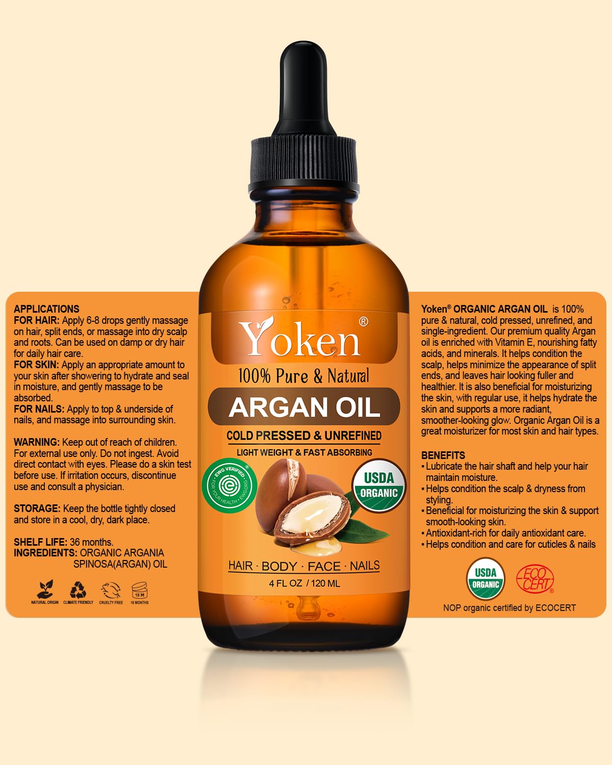 Yoken Organic Argan Oil for Hair 4 Fl Oz, USDA Pure and Natural Morocco Argan Oil, Argon Oil For Hair, Scalp, Face & Skin Care, 100% Cold Pressed Hair Conditioner, Unrefined Argon Nails Carrier Oil