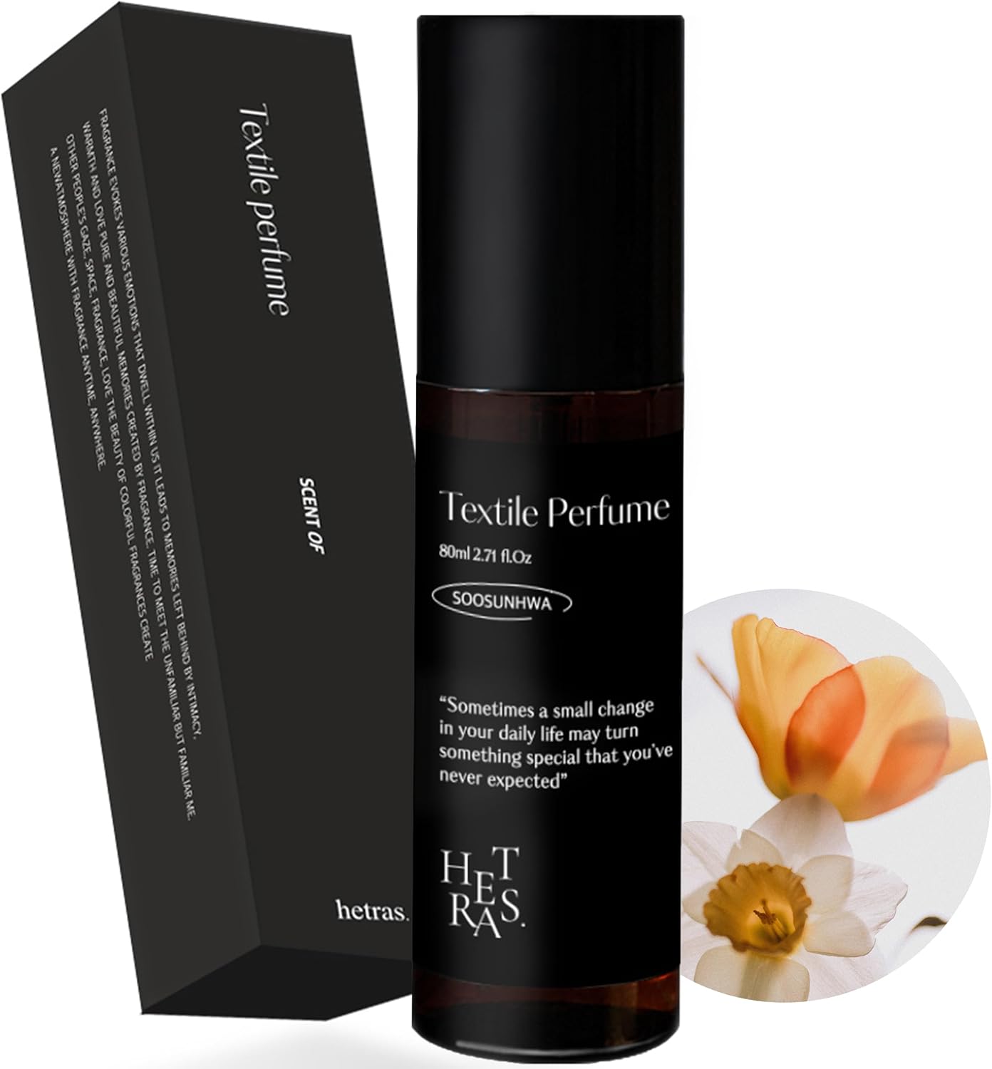 hetras Textile Perfume (Soosunhwa) – TSA-Approved Travel Fabric Spray with Wrinkle Release | 2.7 fl.oz Portable Clothing Odor Eliminator Mist | Spring Floral Narcissus & Powdery Musk Aroma for Linen