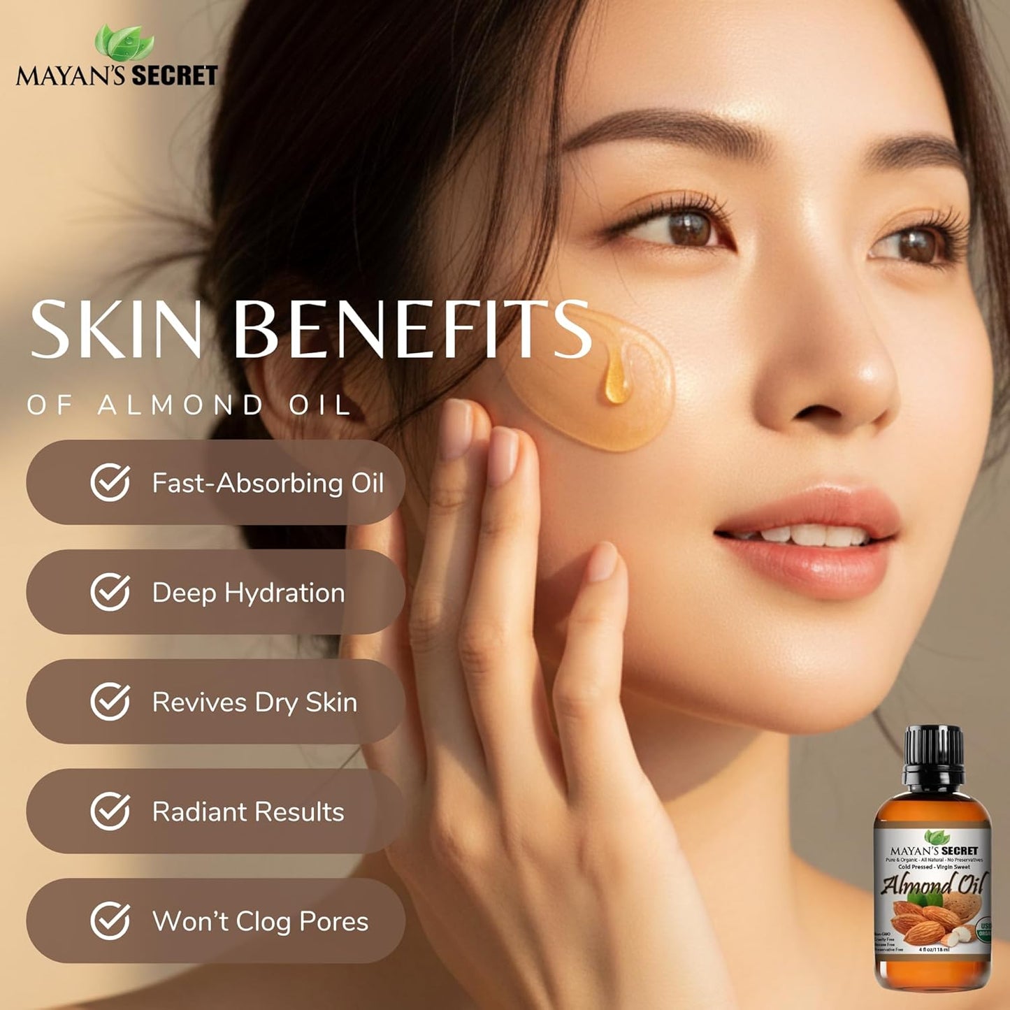 Mayan's Secret - 100% Organic Sweet Almond Oil for Skin Hair, Face - Cold Pressed Pure Almond Essential Oil (4 fl. oz.)
