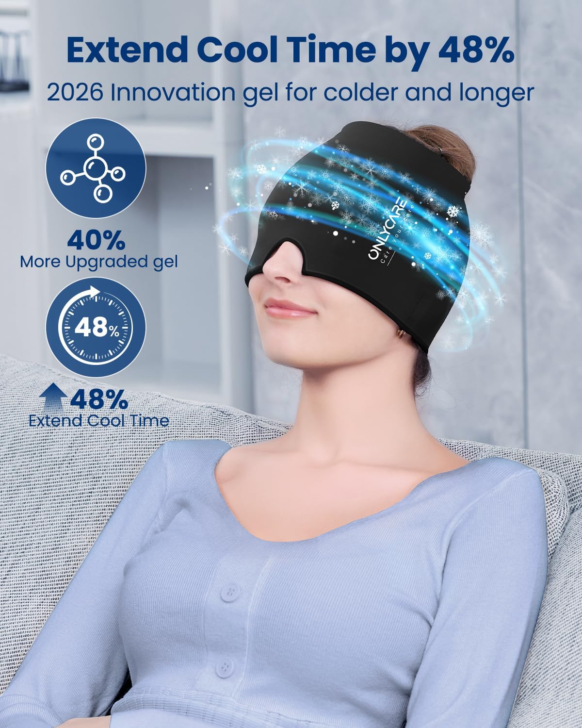 ONLYCARE Migraine Relief Cap, Upgraded Headache Relief Cap with Odorless Reusable Gel Head Wrap, Soothing Face Ice Pack Mask Products with Hot & Cold Therapy for Tension, Stress, Hangover & Puffy Eyes