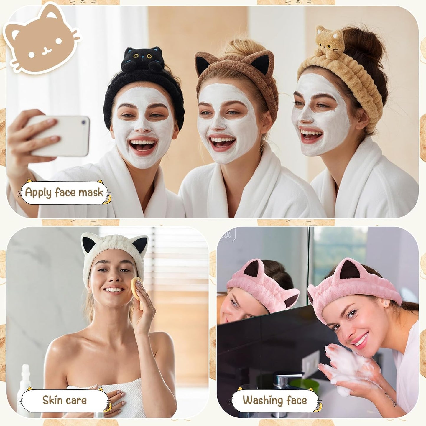 6 Pcs Cat Ear Headbands for Washing Face, Soft Cute Coral Fleece Spa Headbands for Women Girls Skincare Makeup Shower Yoga Trendy Stuff Cat Accessories Gift