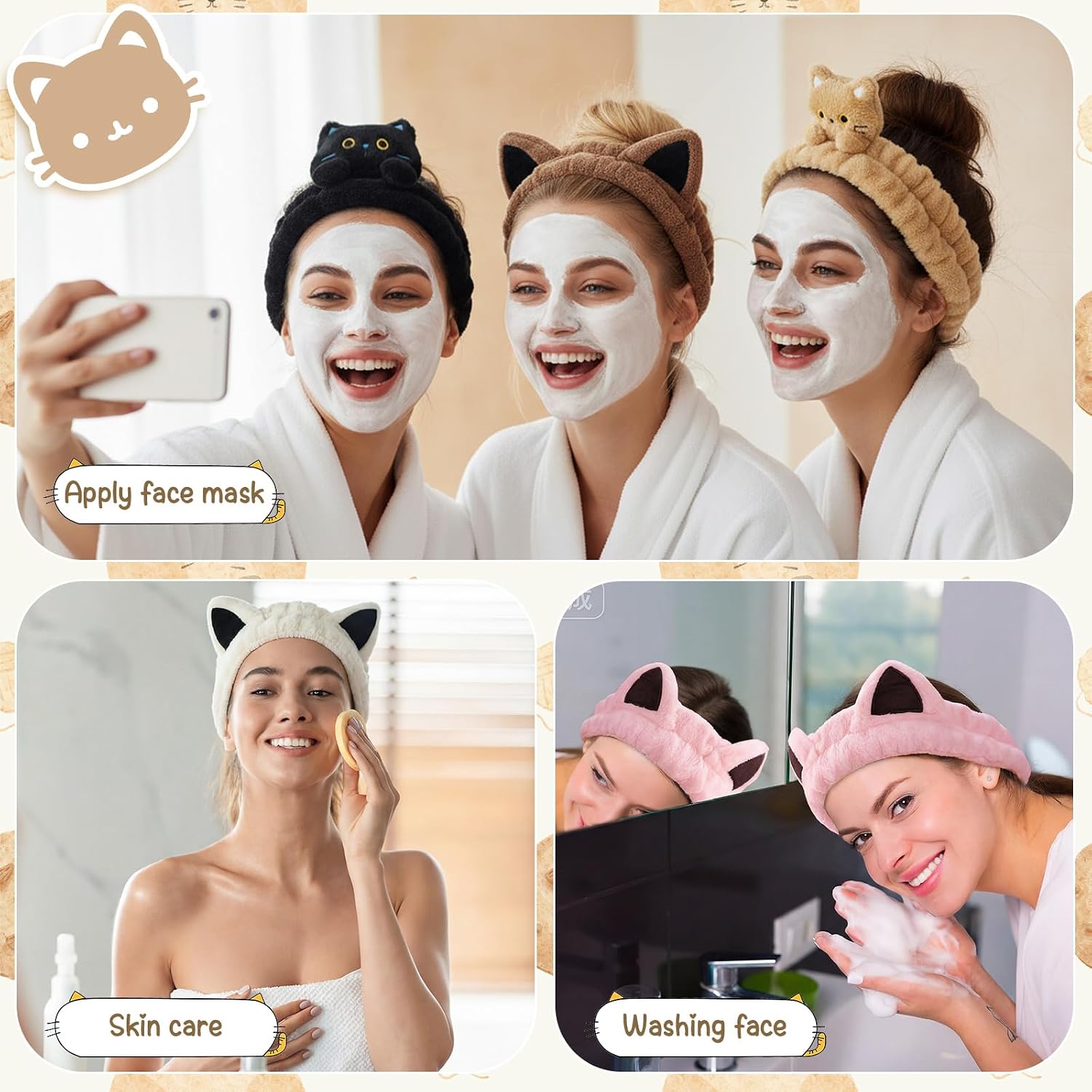 6 Pcs Cat Ear Headbands for Washing Face, Soft Cute Coral Fleece Spa Headbands for Women Girls Skincare Makeup Shower Yoga Trendy Stuff Cat Accessories Gift