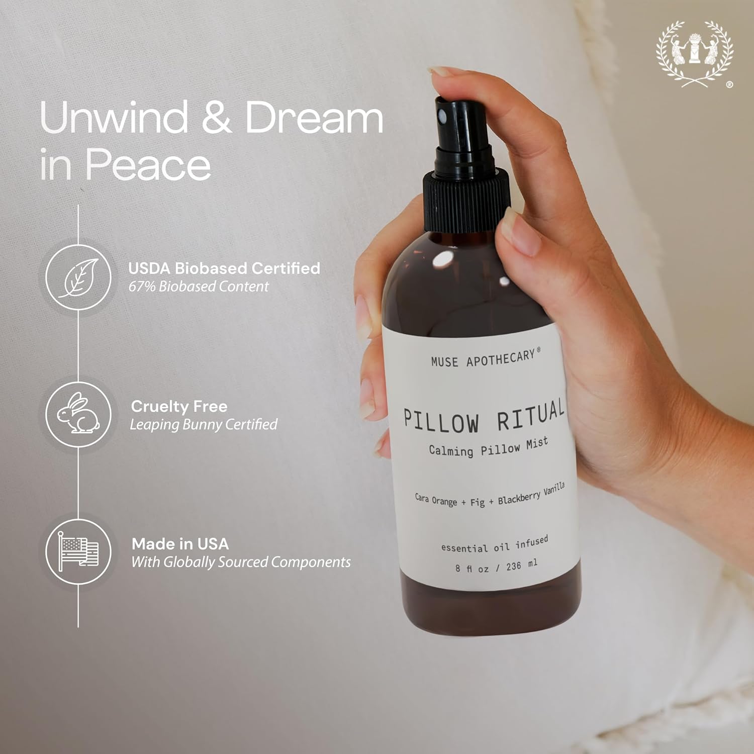 Muse Apothecary Pillow Ritual - Aromatic, Calming and Relaxing Pillow Mist, Linen and Fabric Spray - Infused with Natural Aromatherapy Essential Oils - 8 oz, Bergamot + French Lavender + Sandalwood