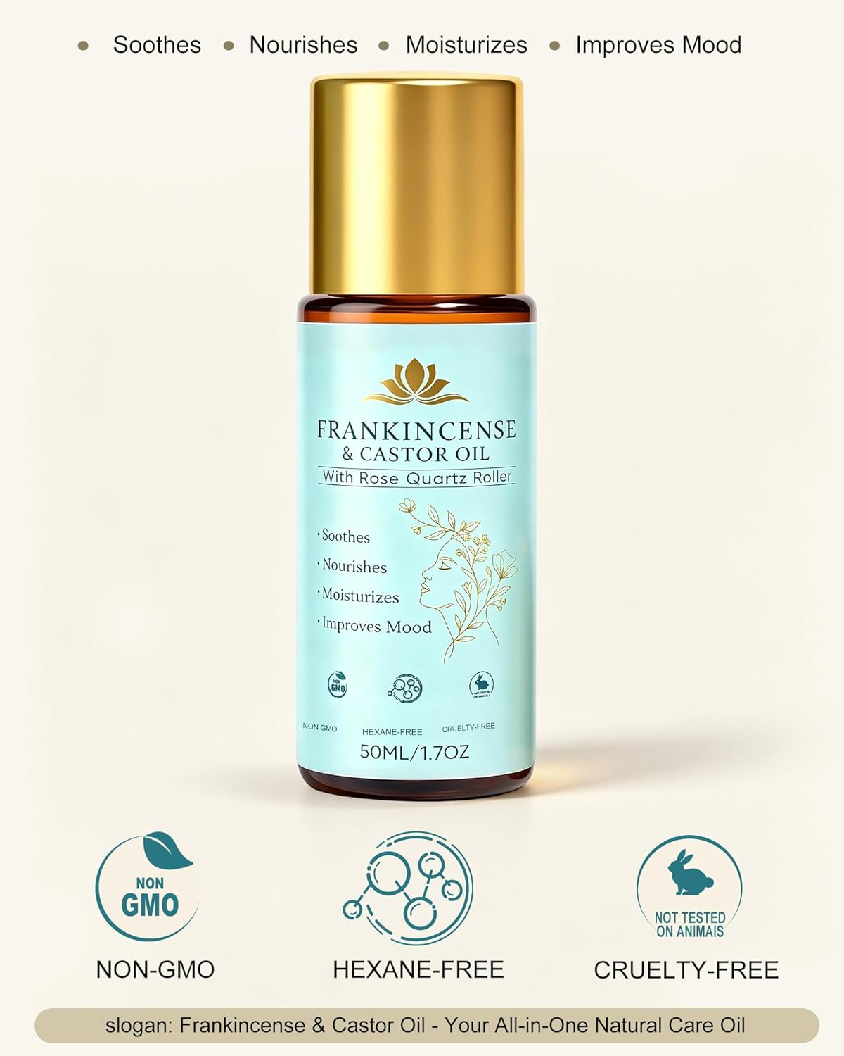 Frankincense and Organic Castor Oil with Rose Quartz Roller, 100% Pure Cold-Pressed, Organic Castor Oil Roll On Rose Quartz, Hexane-Free,Amber Glass Bottle for Skin 1.7 Oz./ 1PCS